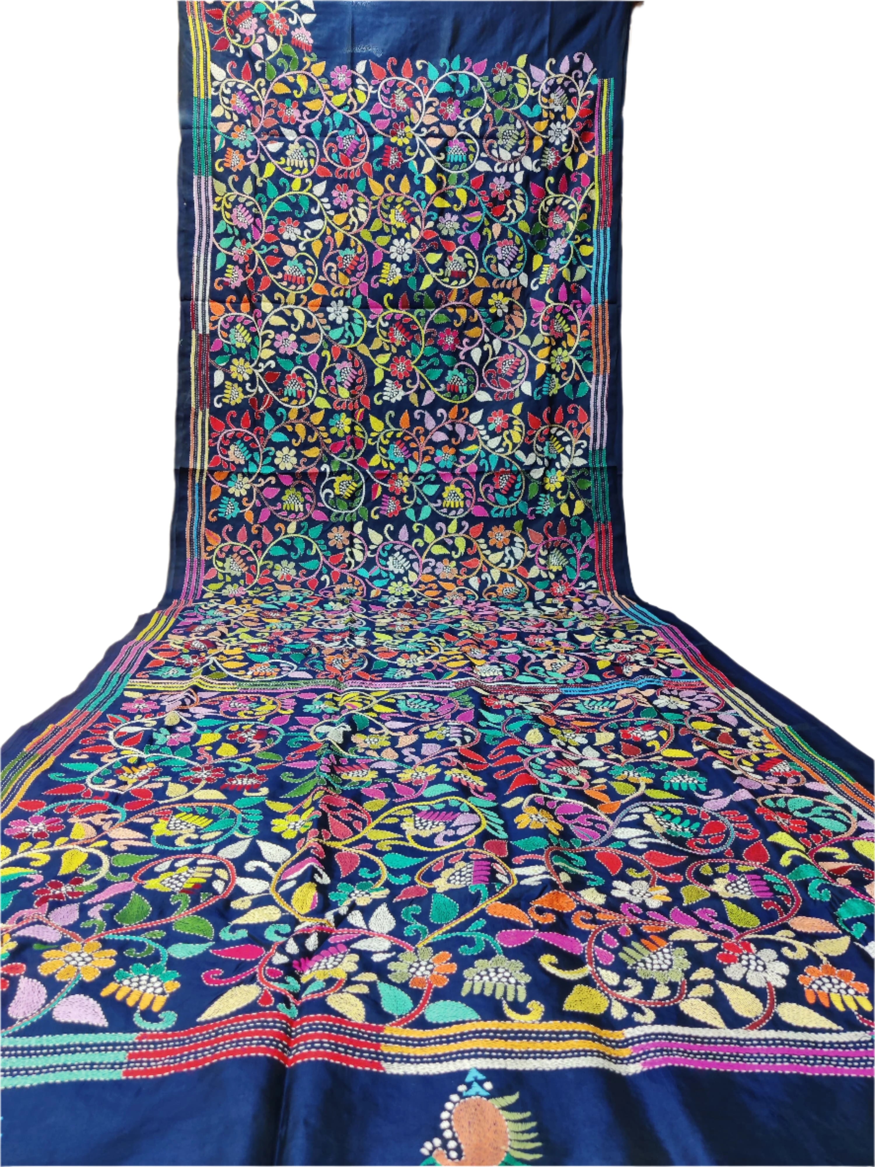 Midnight Blue Kantha Hand Embroidery Silk Saree