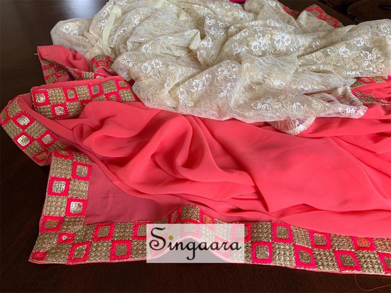 Candy Pink and Cream Designer Half And Half Faux Georgette Lace Saree