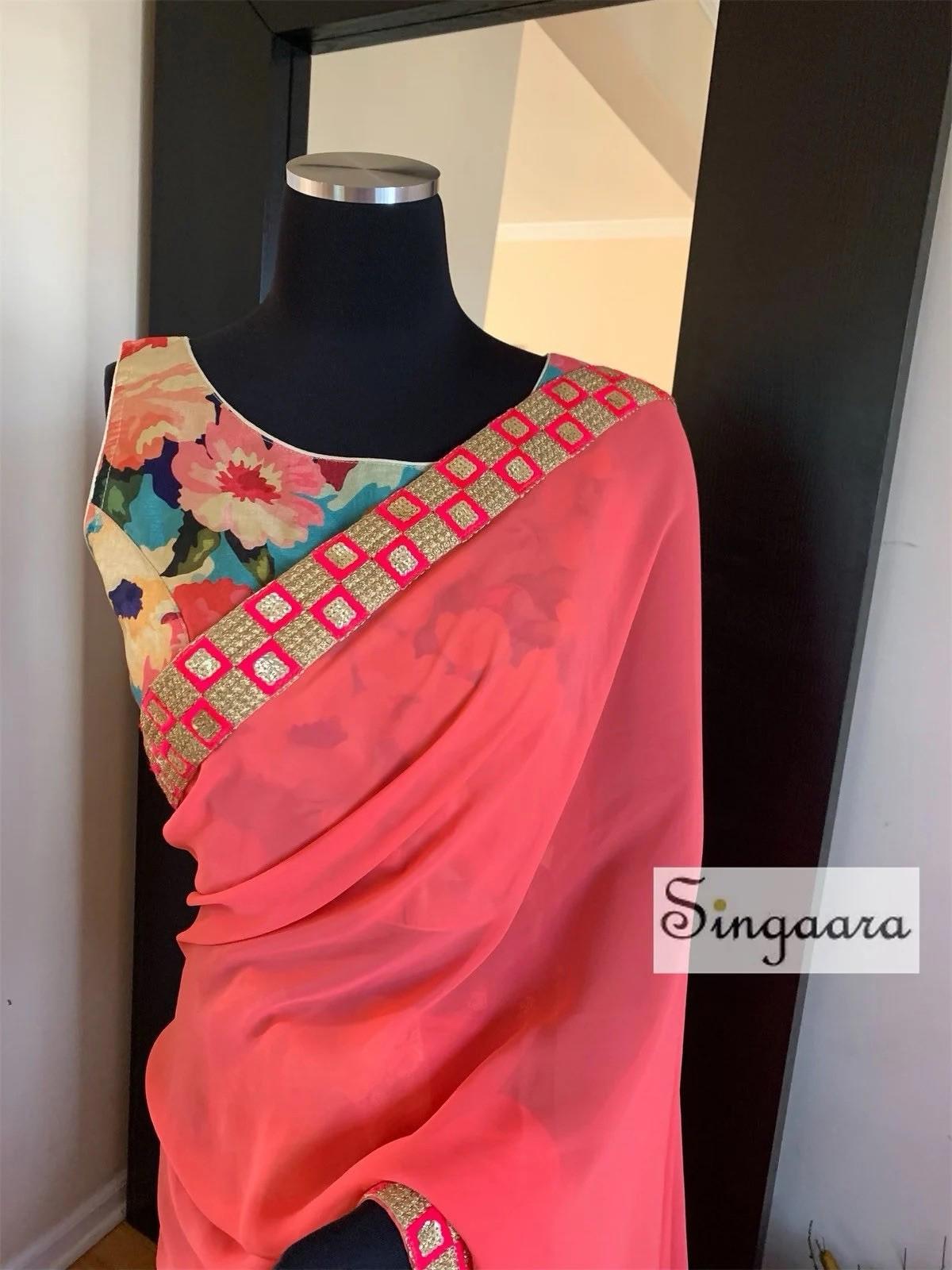 Candy Pink and Cream Designer Half And Half Faux Georgette Lace Saree