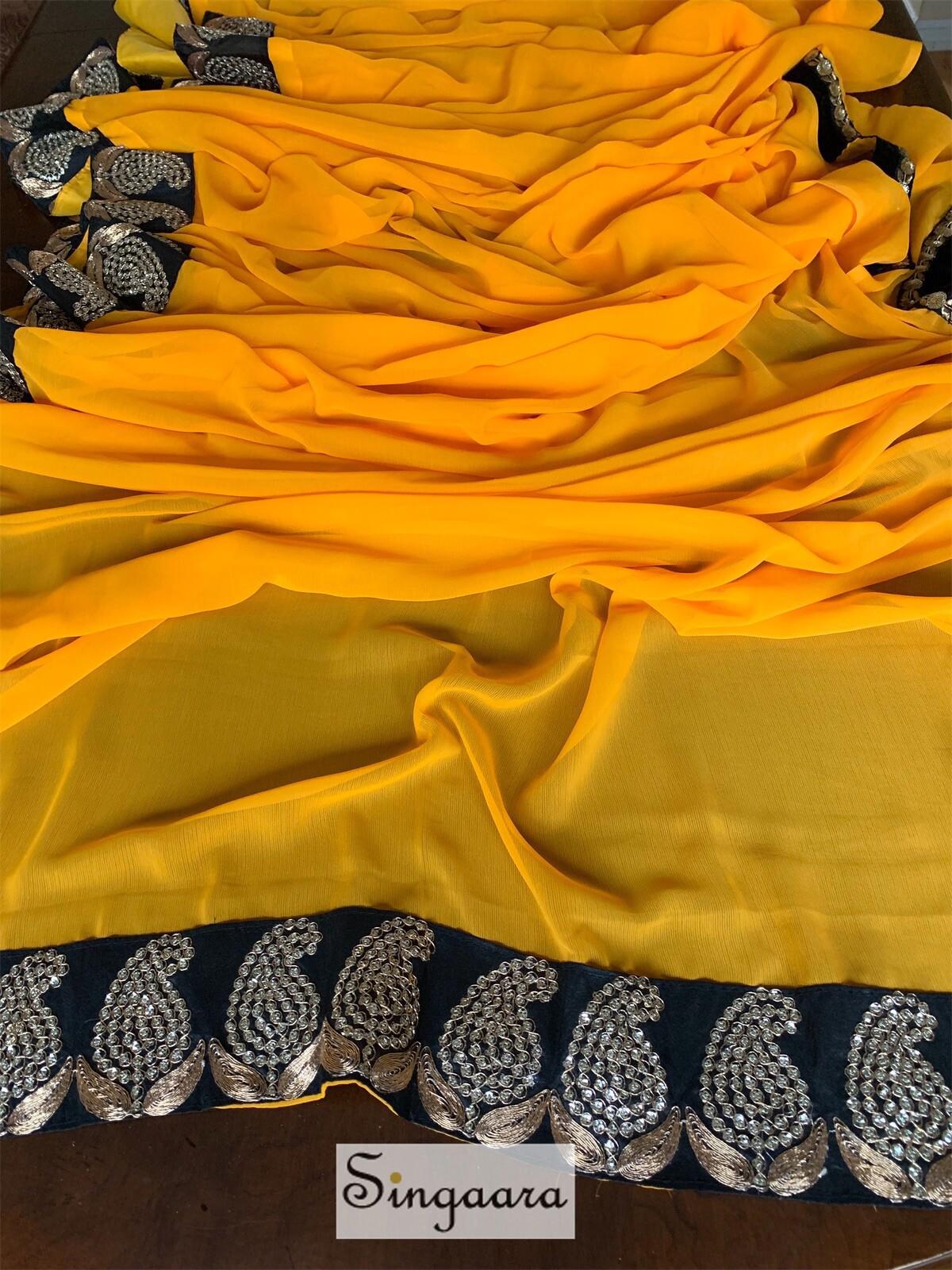 Mango Yellow Designer Faux Chiffon Saree With Blouse