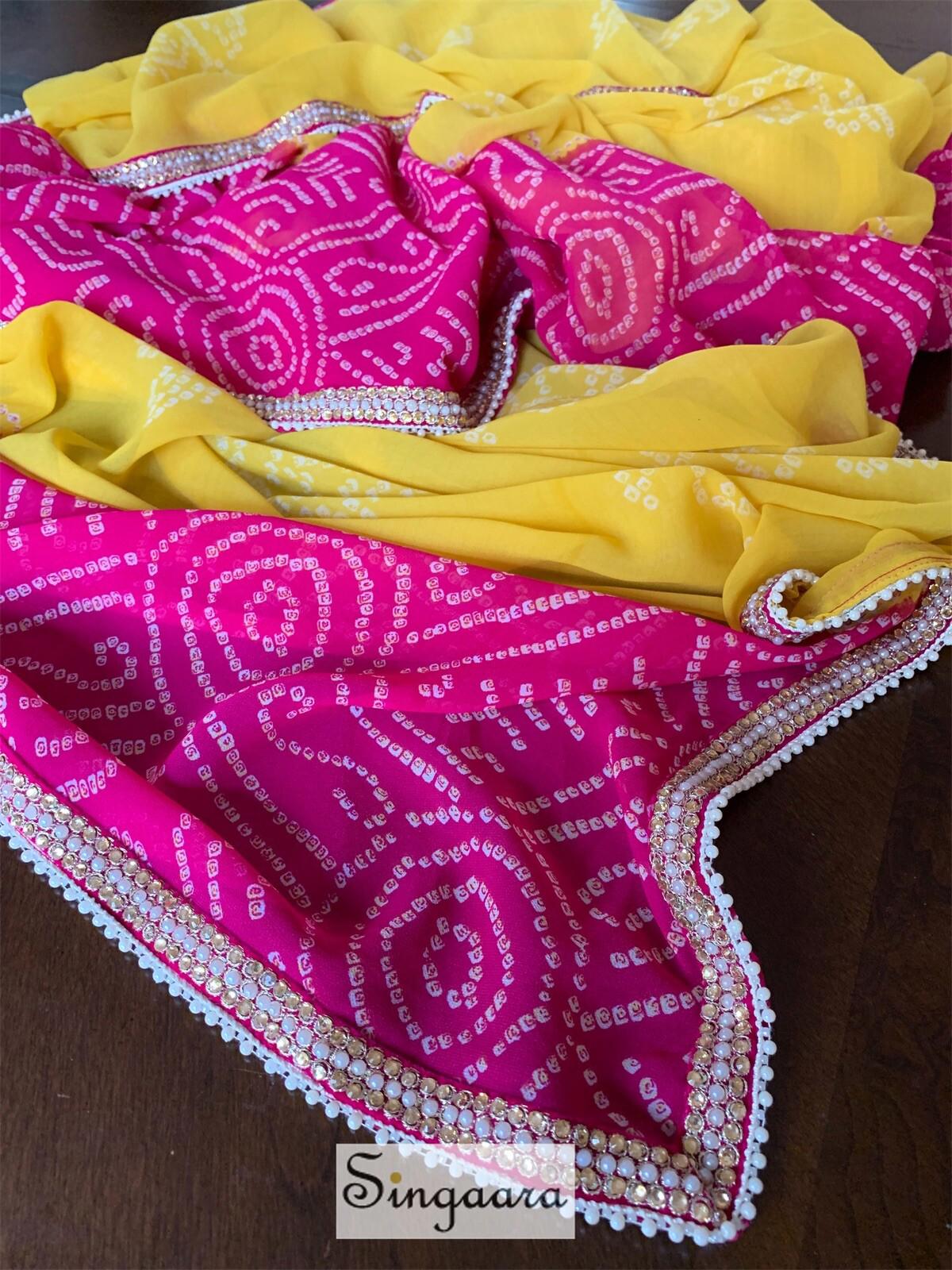 Yellow Bandhani Design Designer Faux Georgette Saree