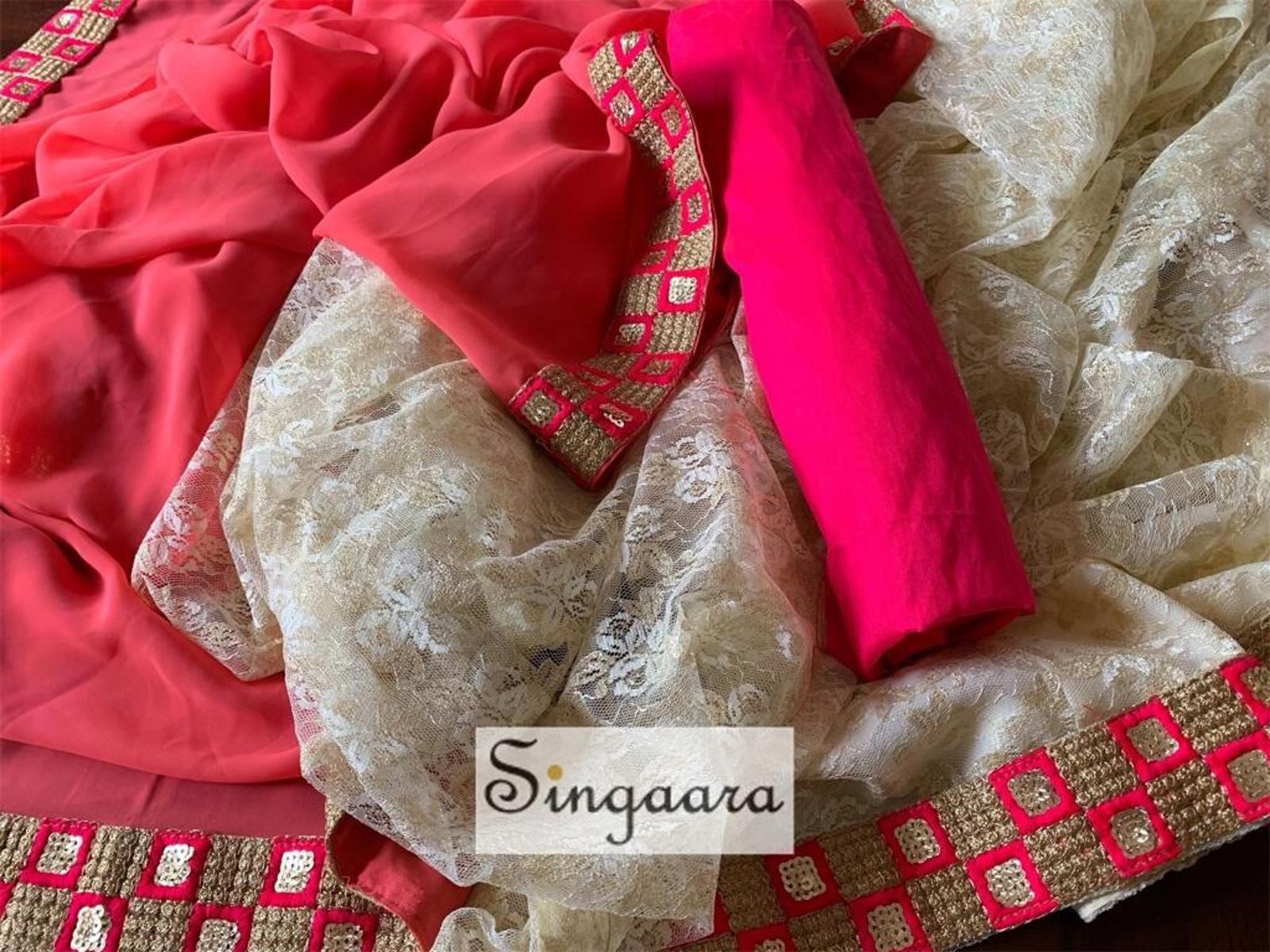 Candy Pink and Cream Designer Half And Half Faux Georgette Lace Saree