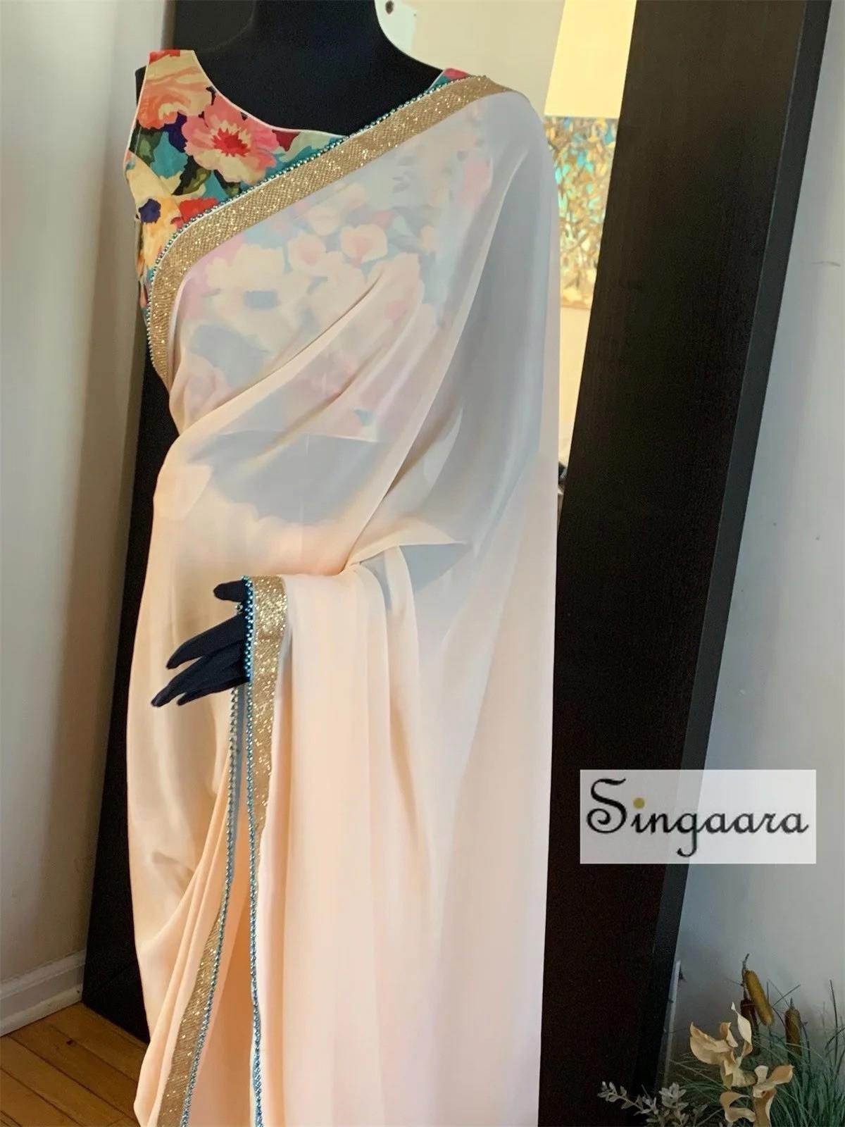 Soft Pink Pastel Designer Faux Georgette Saree