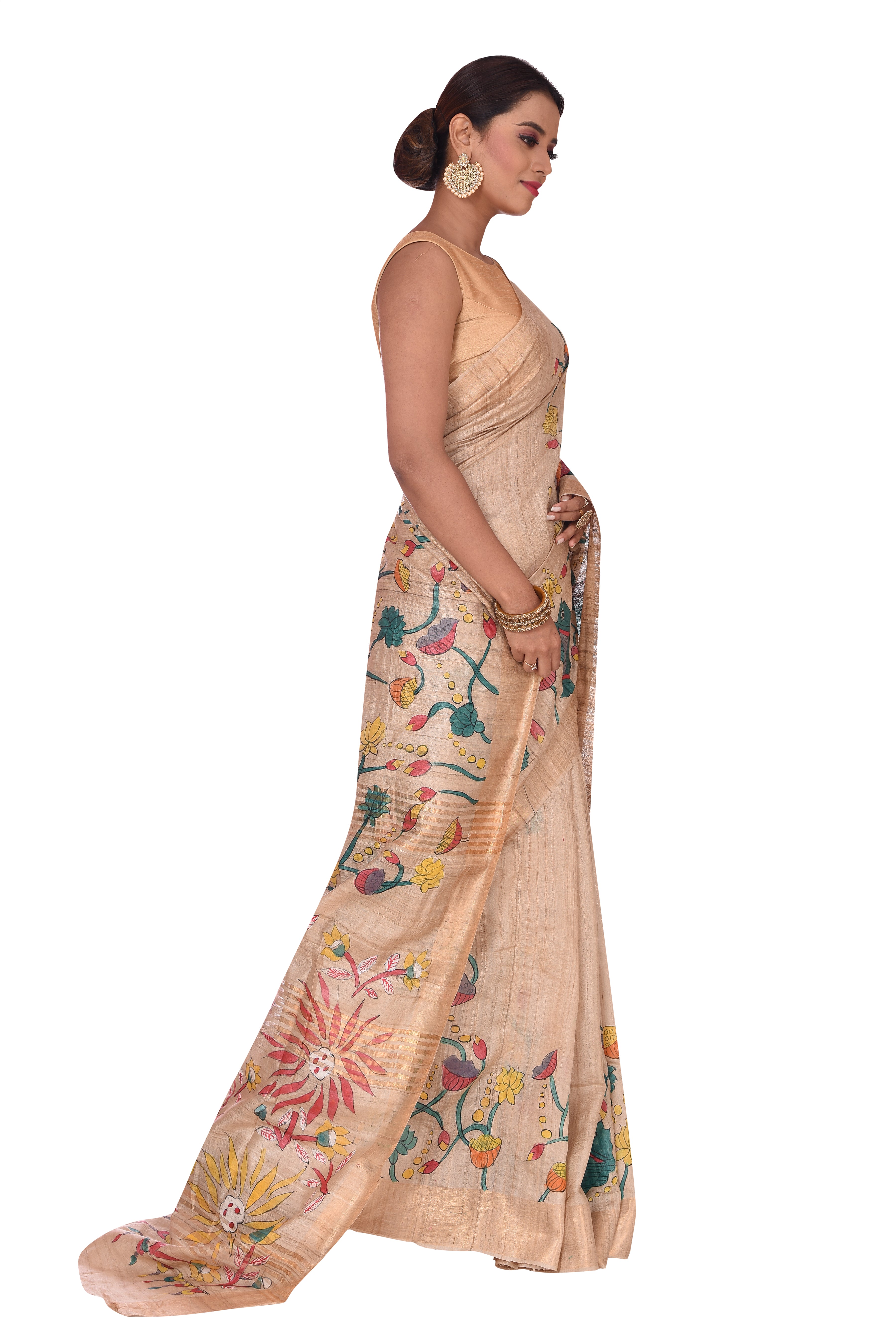 Pichwai Art Hand Painted Off White Tussar Silk Saree