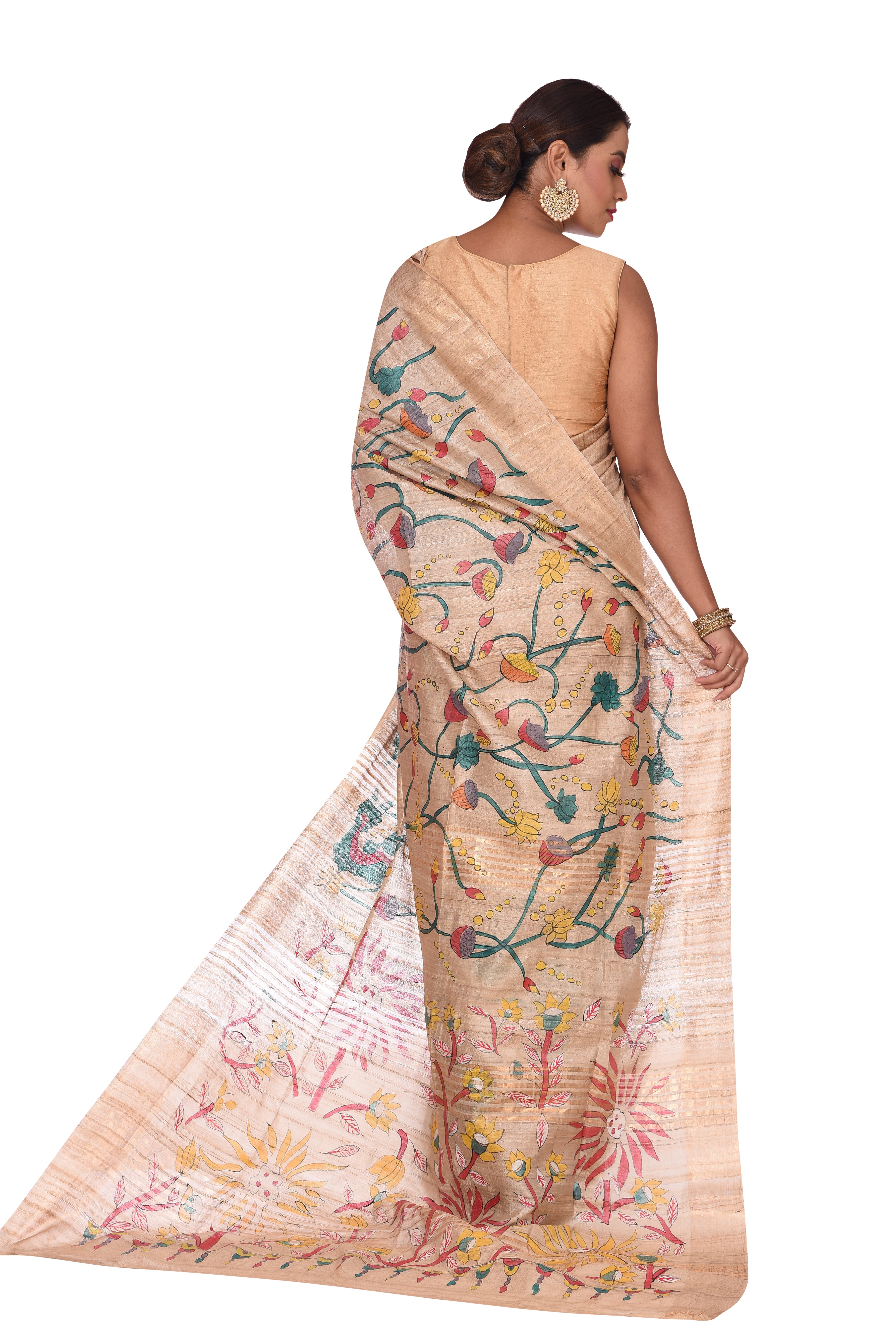 Pichwai Art Hand Painted Off White Tussar Silk Saree