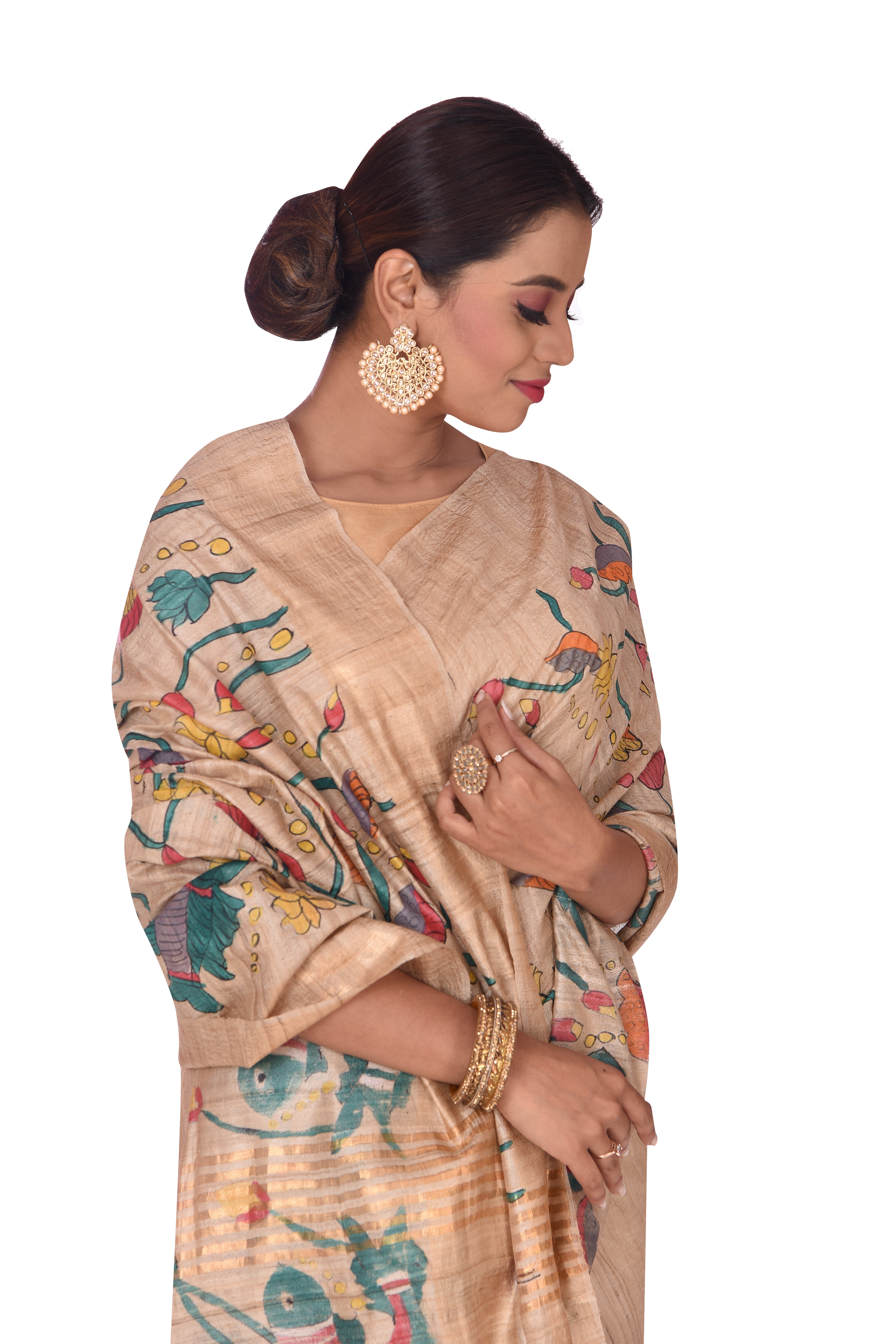 Pichwai Art Hand Painted Off White Tussar Silk Saree