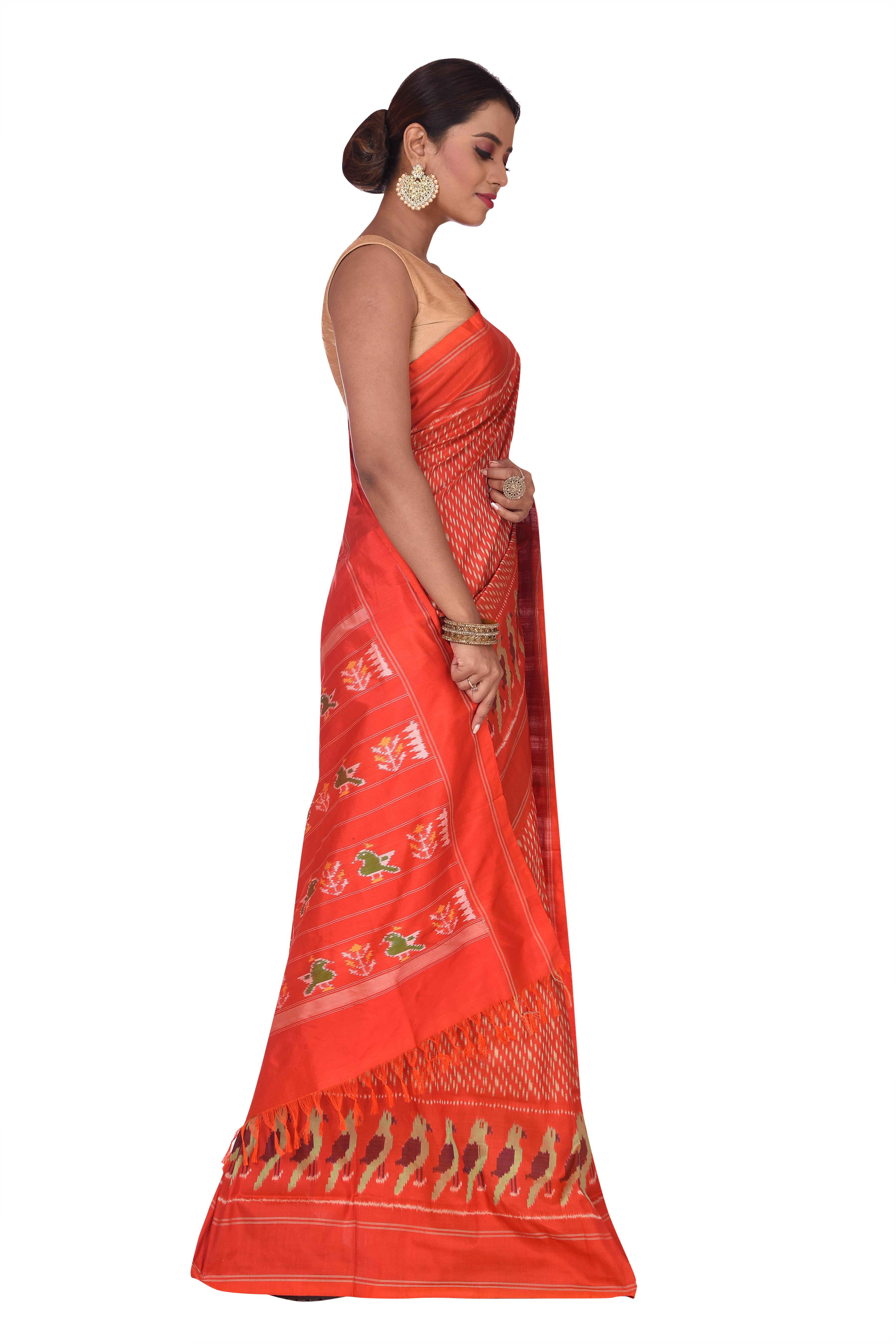 Orange Pochampally Ikat Silk Saree with Gap Border