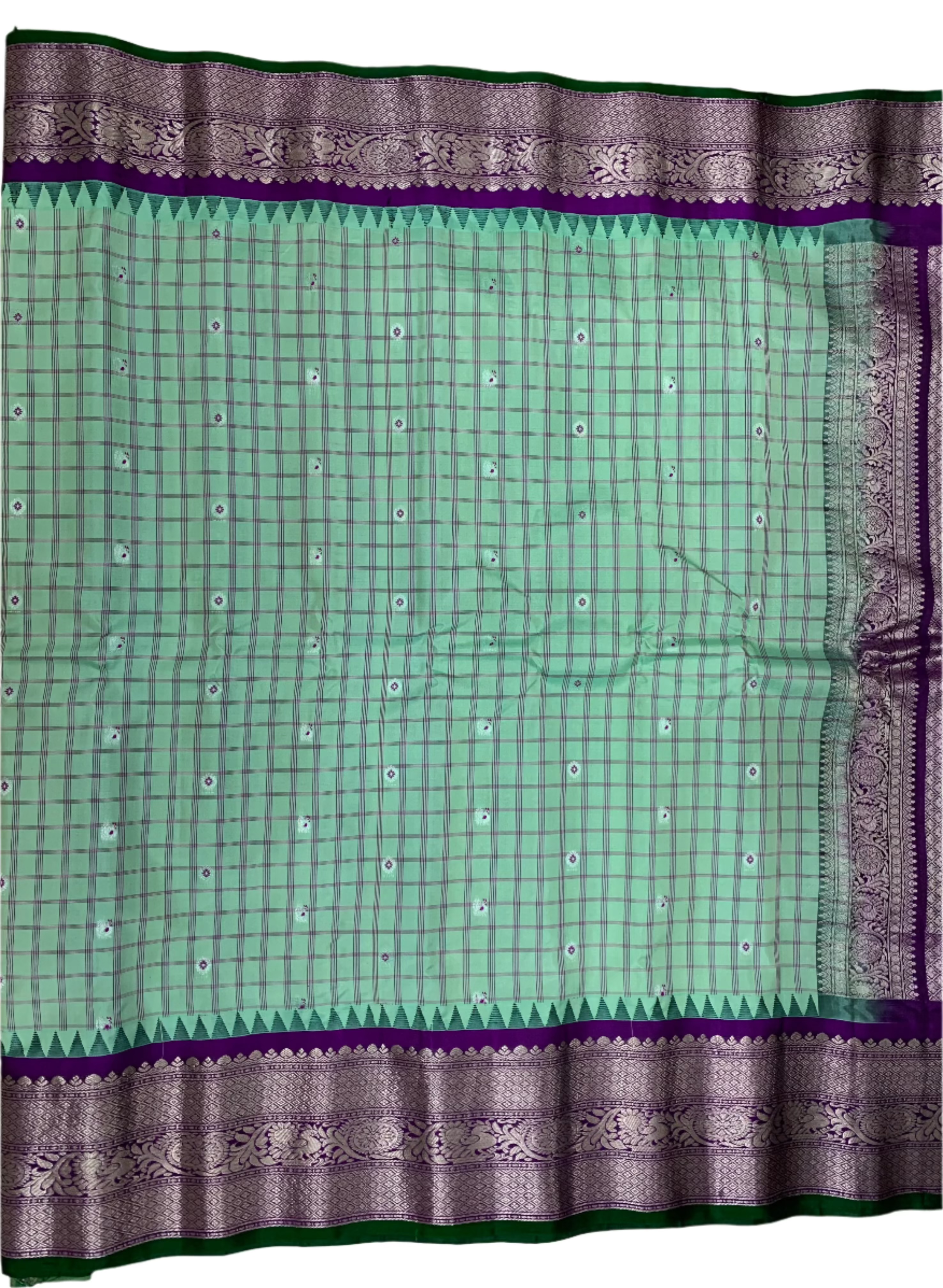 Mint Green Gadwal Silk Saree with Silver Zari