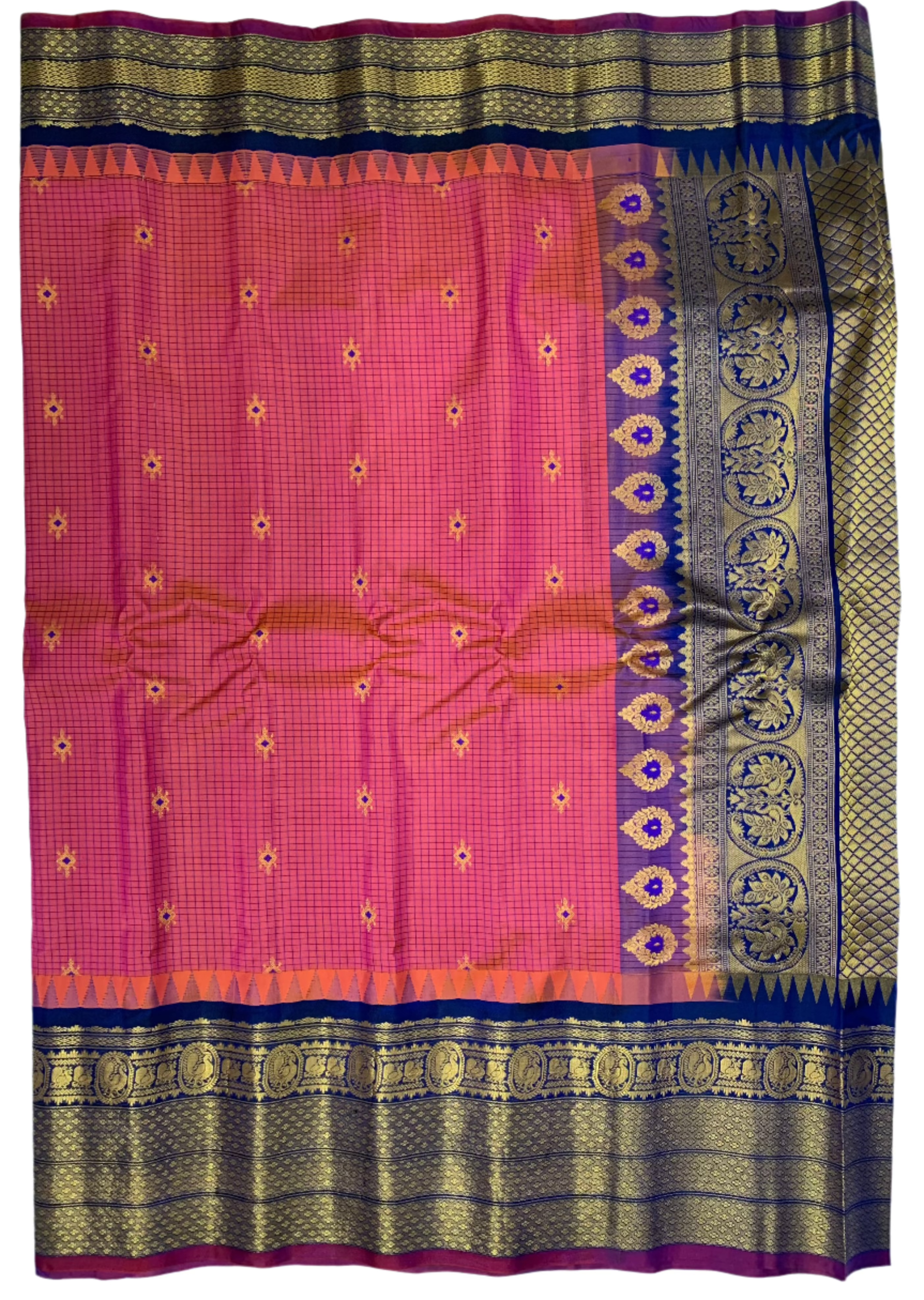Deep Peach and Yellow Dual Tone Gadwal Silk Saree