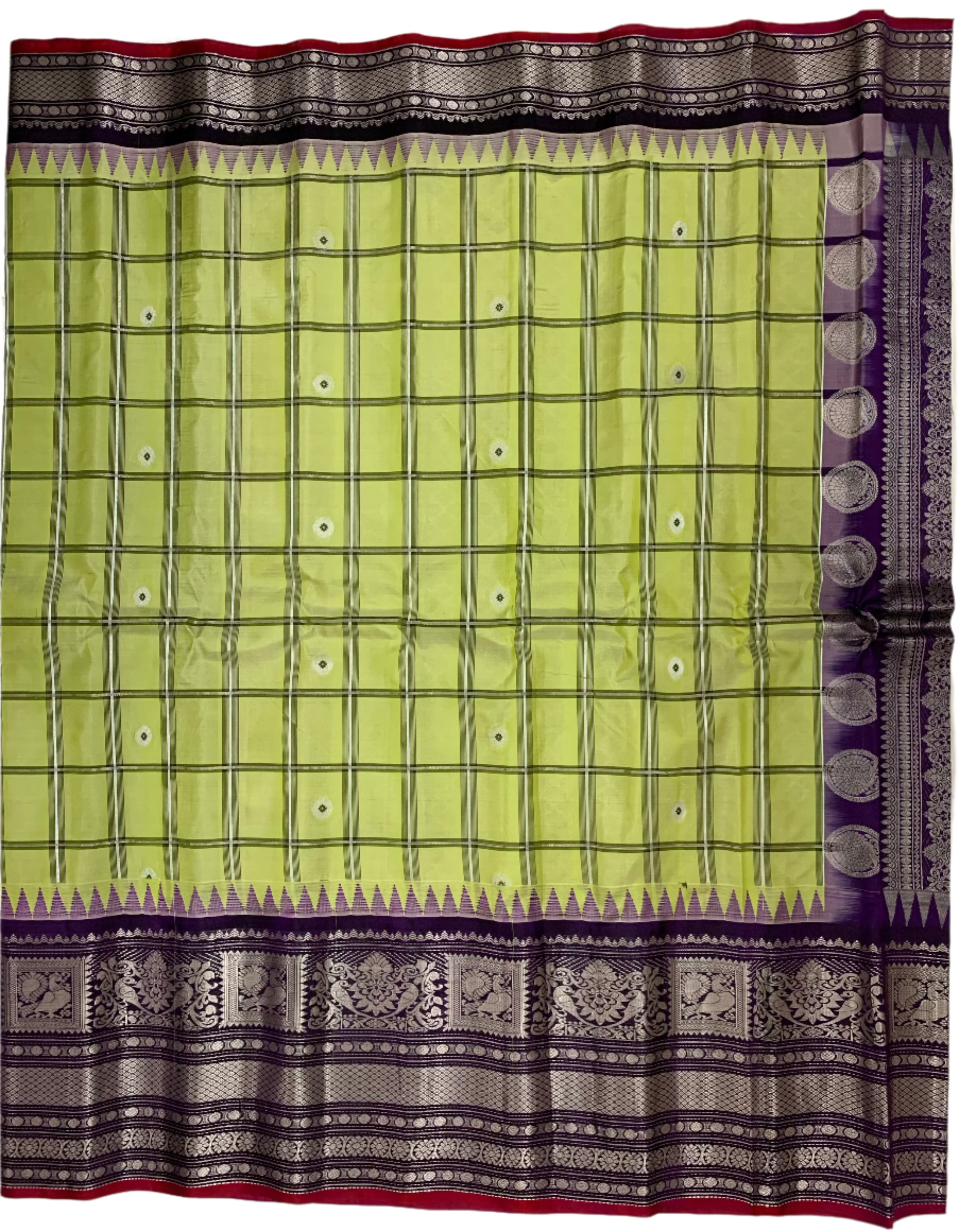 Lime Green and Purple Gadwal Silk Saree