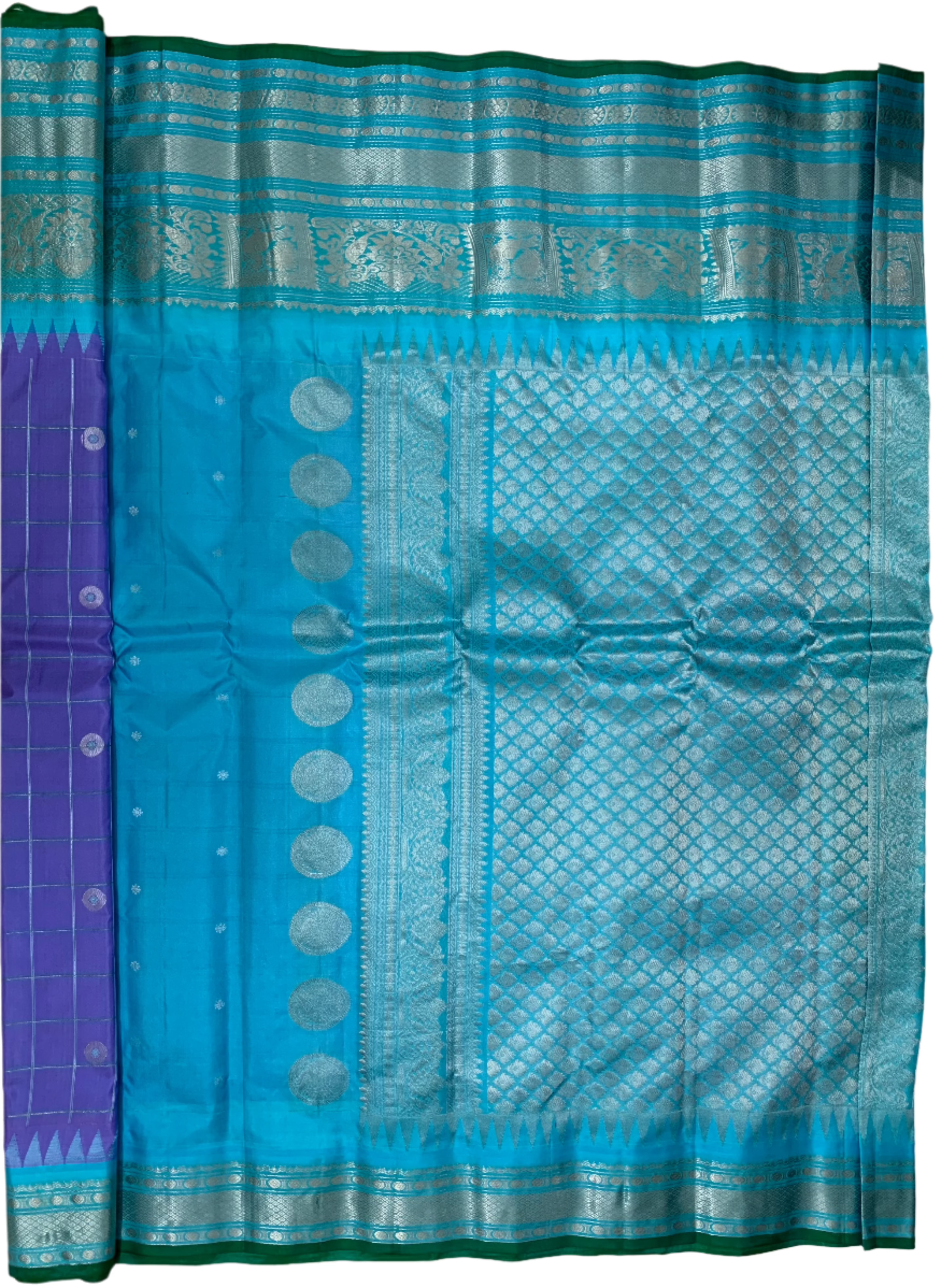 Lavender and Cyan Gadwal Silk Saree with Silver Zari