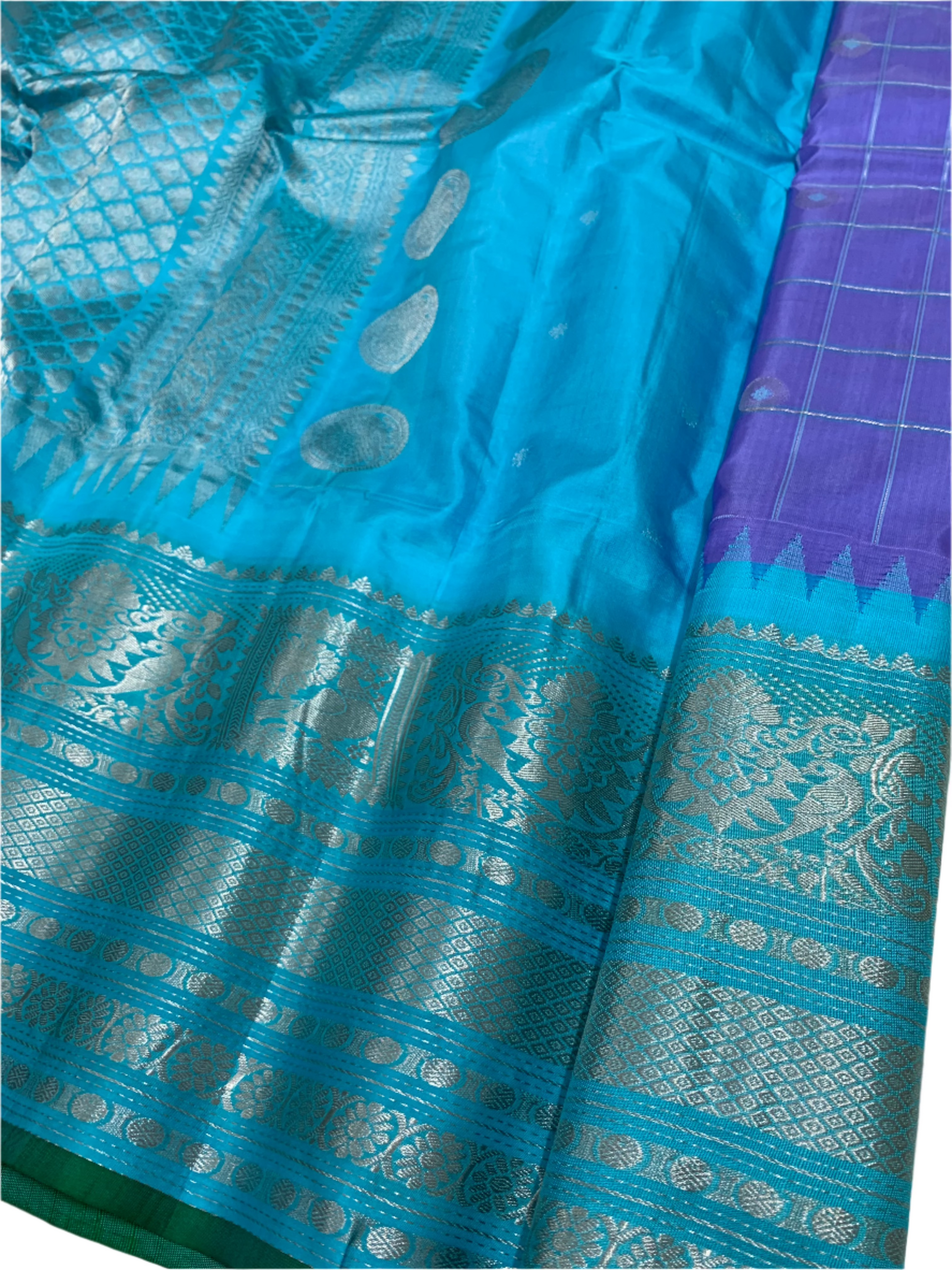 Lavender and Cyan Gadwal Silk Saree with Silver Zari