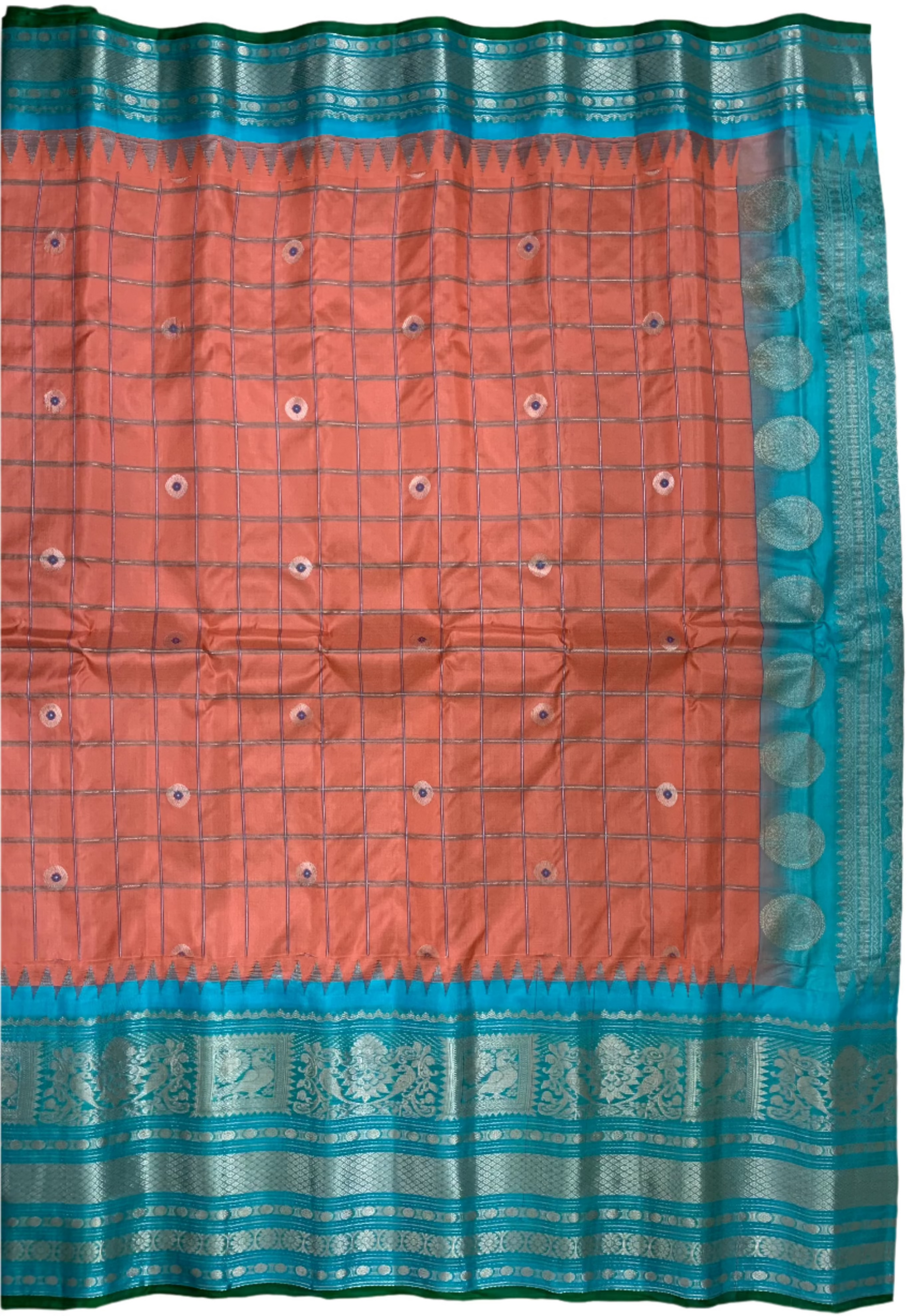 Peach and Cyan Gadwal Silk Saree with Silver Zari