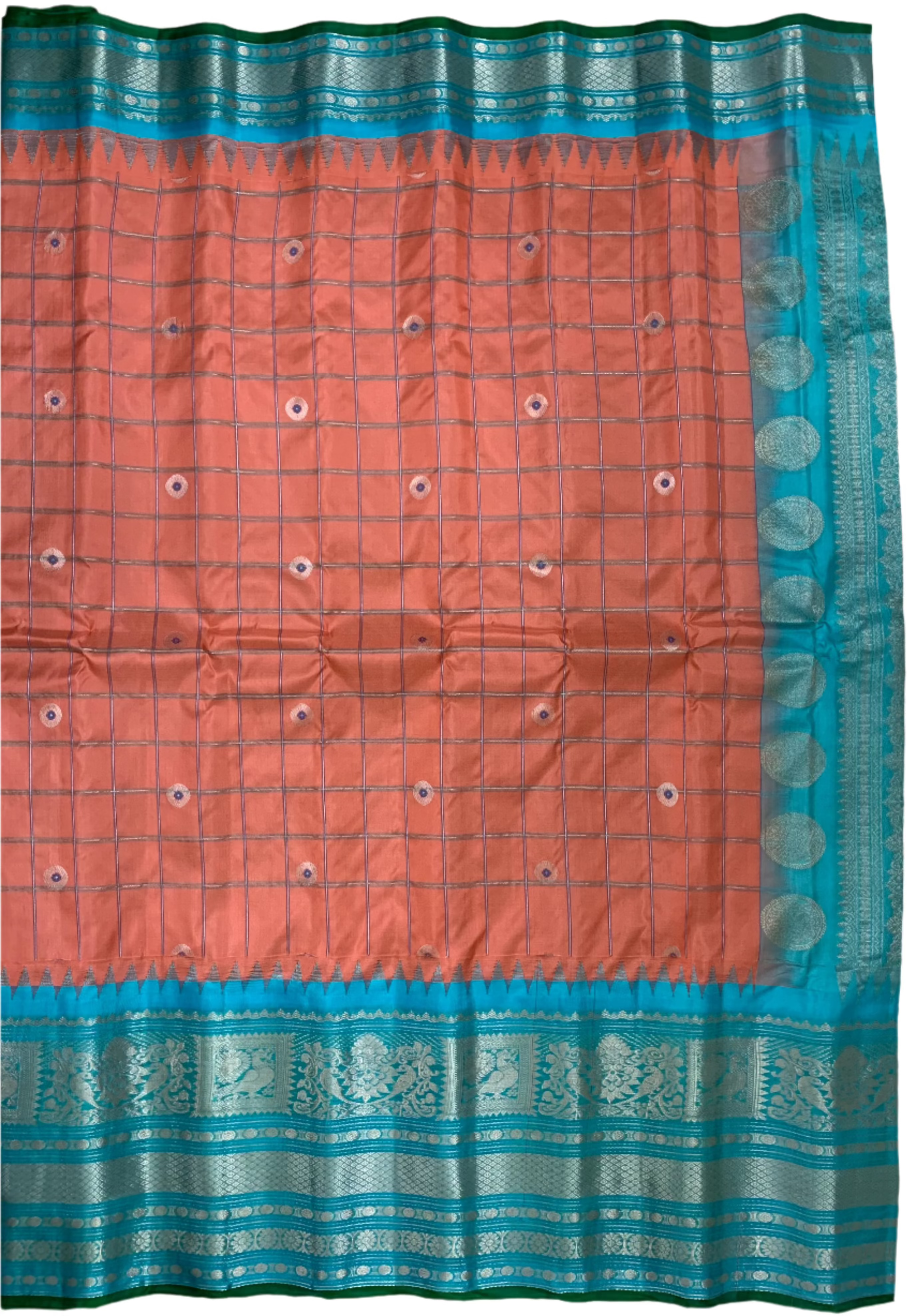 Peach and Cyan Gadwal Silk Saree with Silver Zari