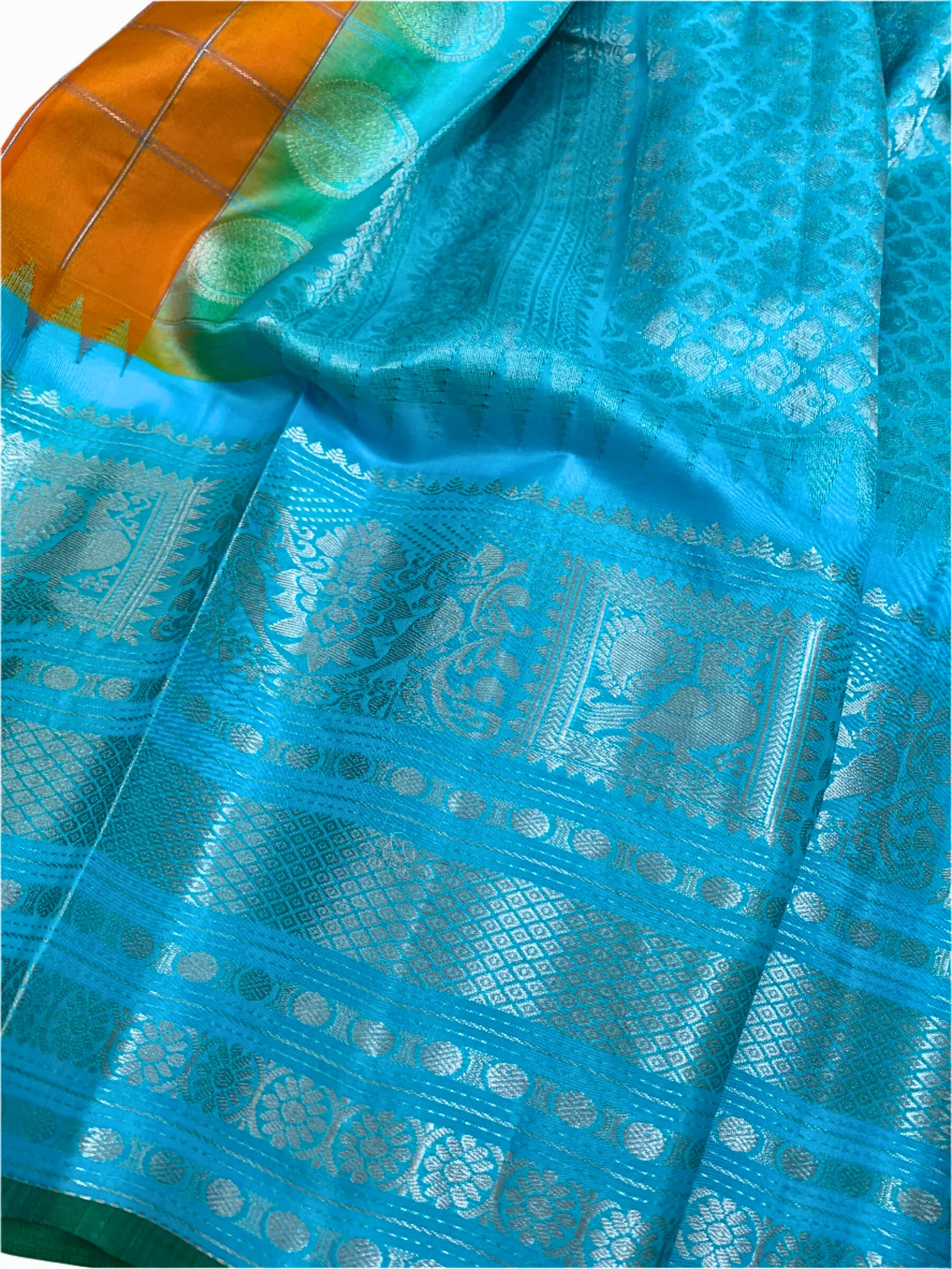 Orange and Cyan Gadwal Silk Saree with Silver Zari