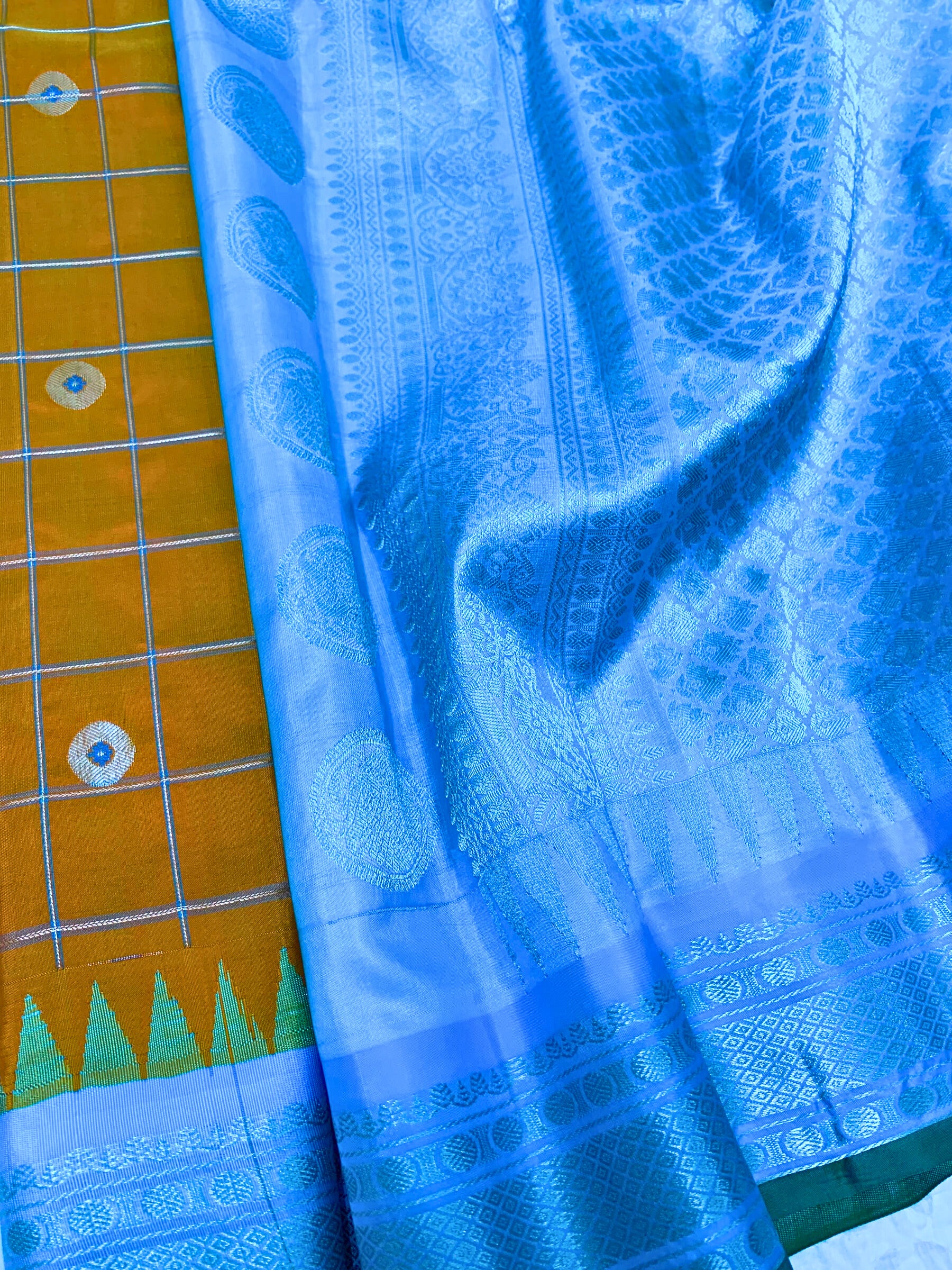 Orange and Cyan Gadwal Silk Saree with Silver Zari
