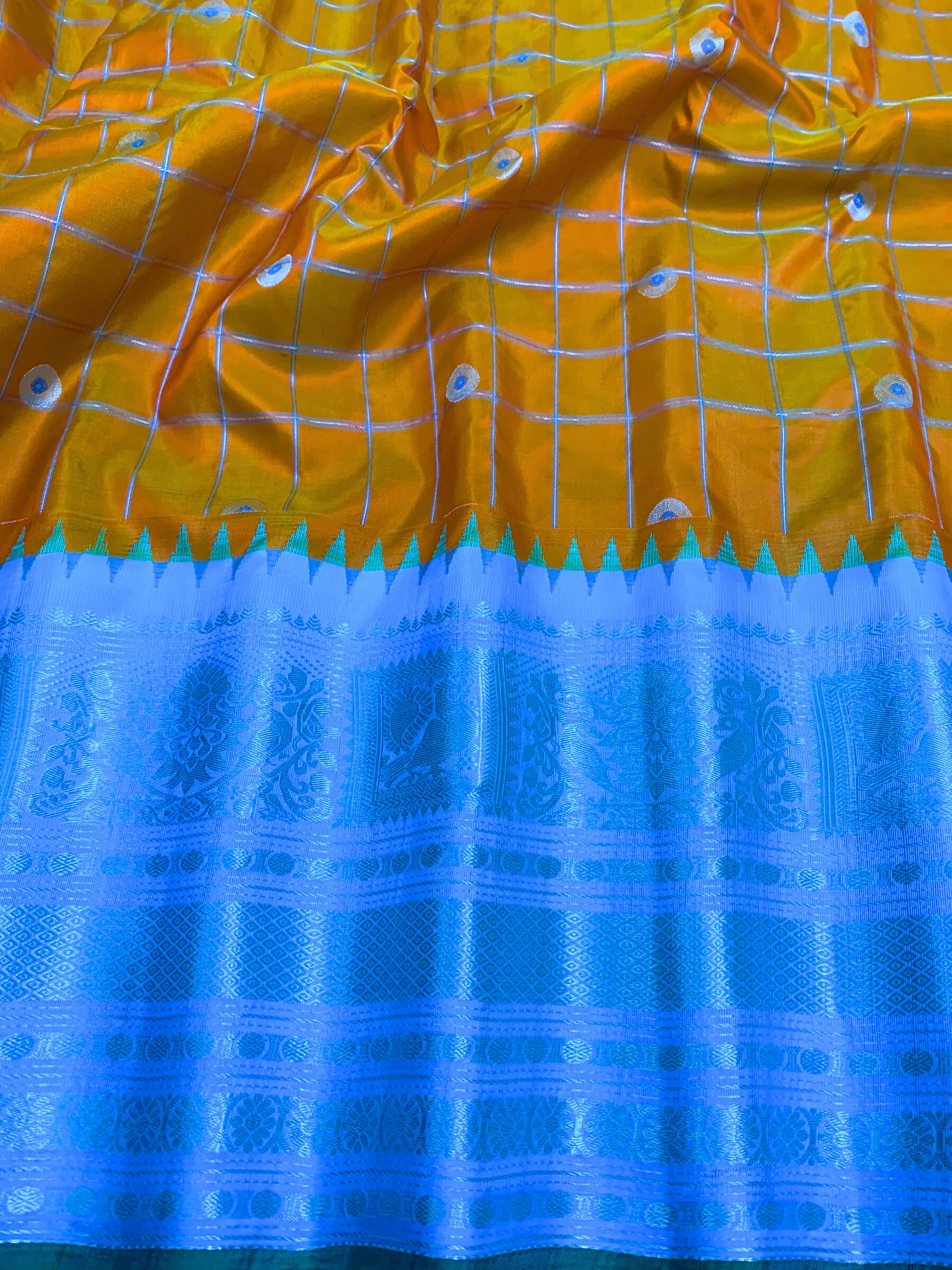 Orange and Cyan Gadwal Silk Saree with Silver Zari