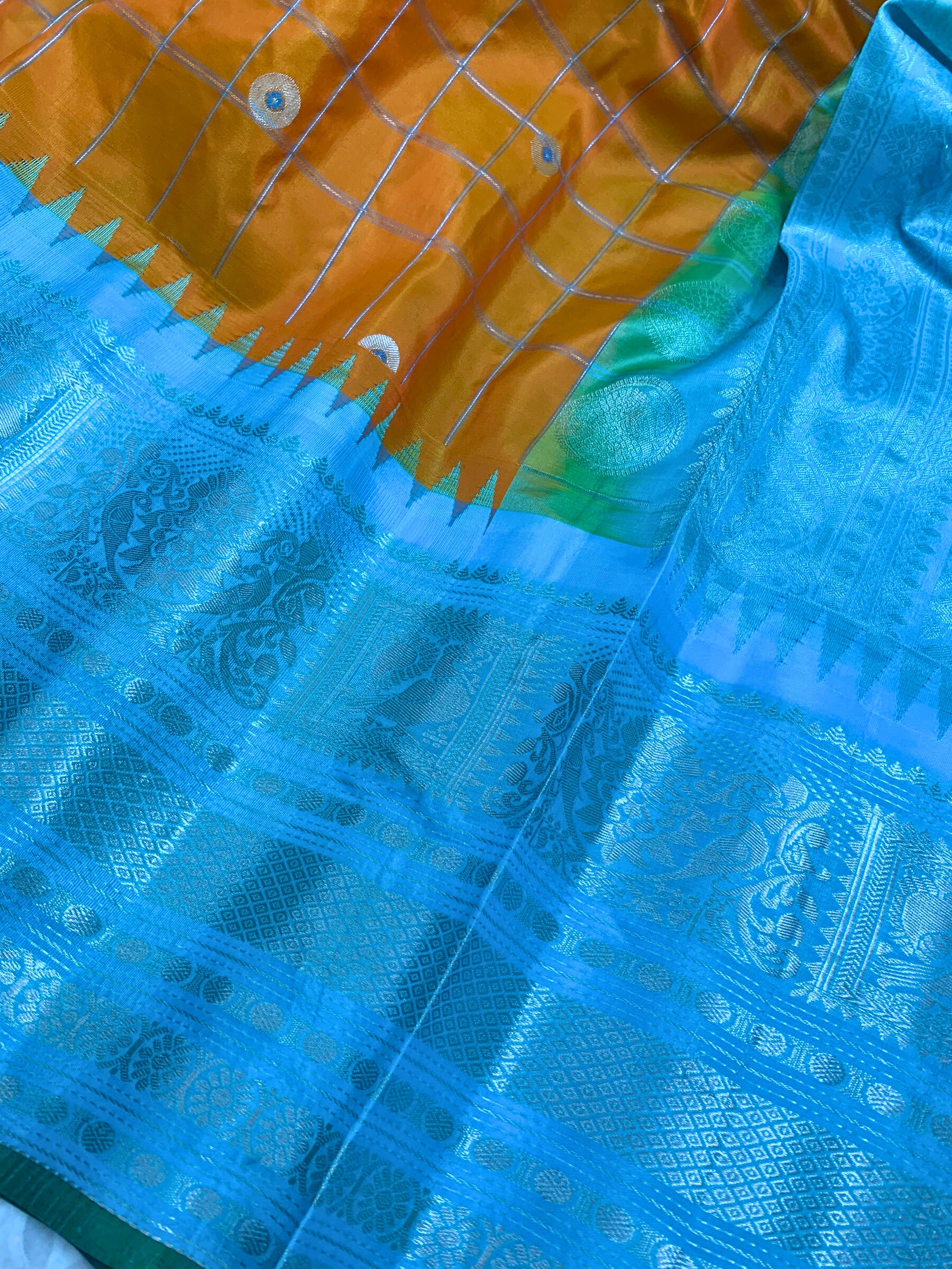 Orange and Cyan Gadwal Silk Saree with Silver Zari