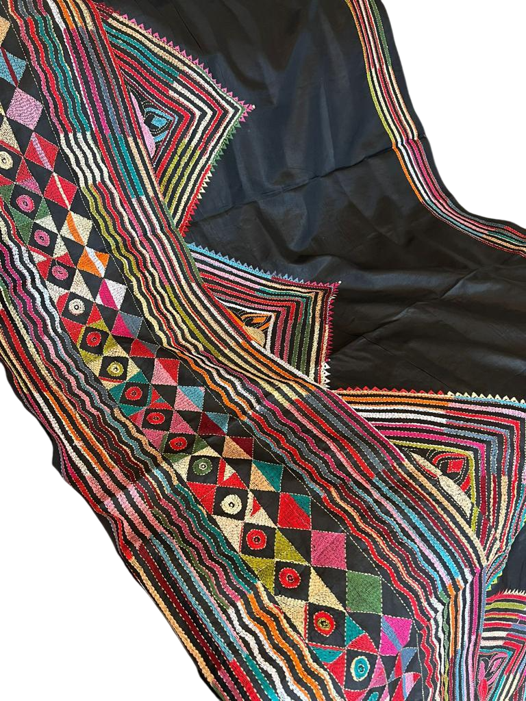 Black Kantha Hand Embroidery Silk Saree