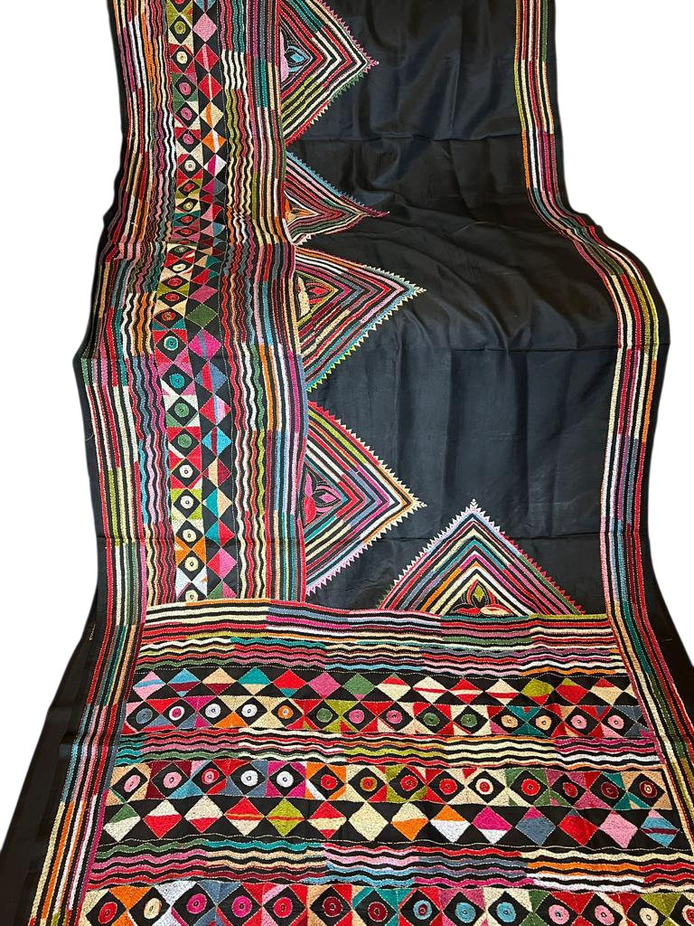 Black Kantha Hand Embroidery Silk Saree