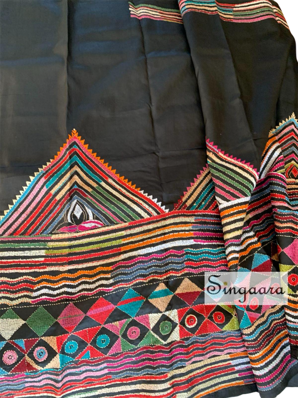 Black Kantha Hand Embroidery Silk Saree