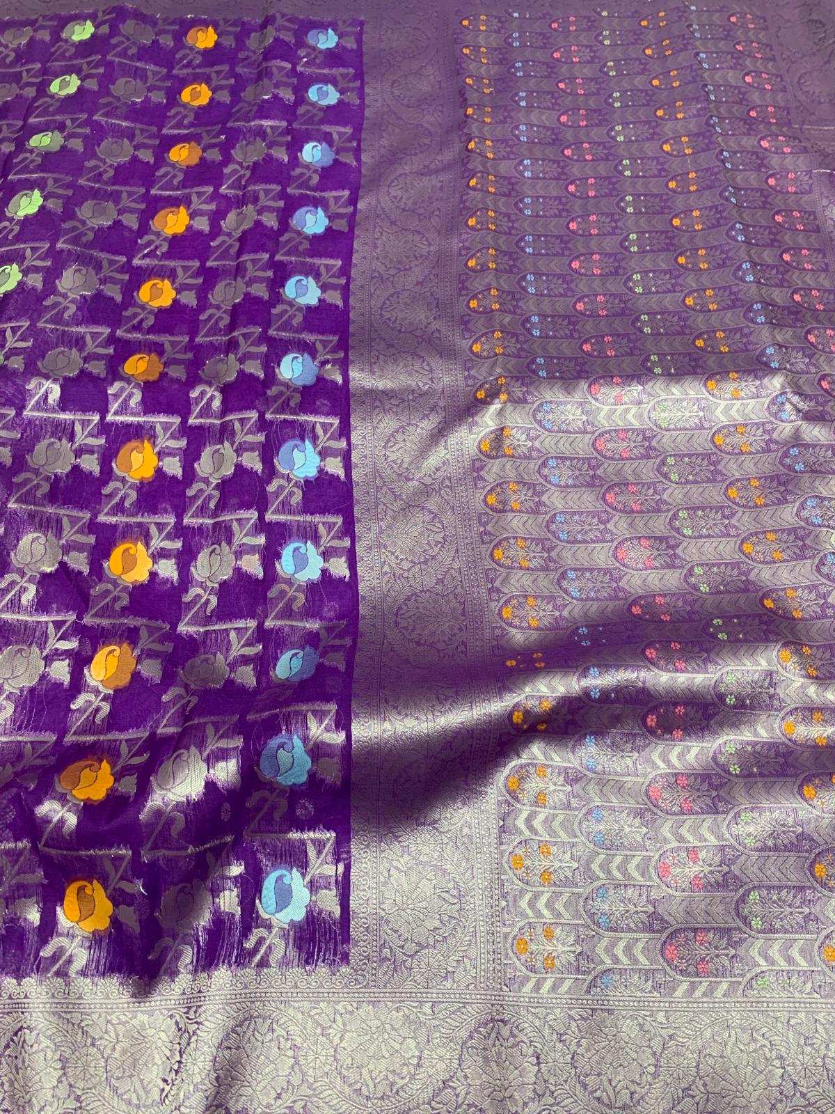 Violet Floral Faux Organza Silk Saree