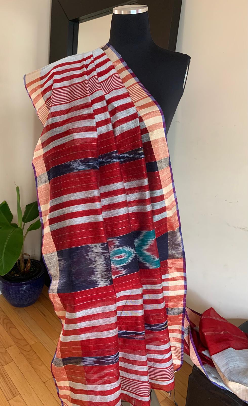 Grey and Red Odisha Ikat Cotton Silk Saree