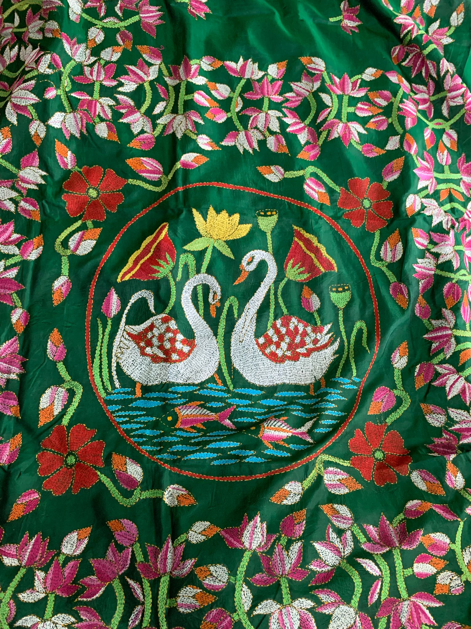 Emerald Green Kantha Hand Embroidery Silk Saree