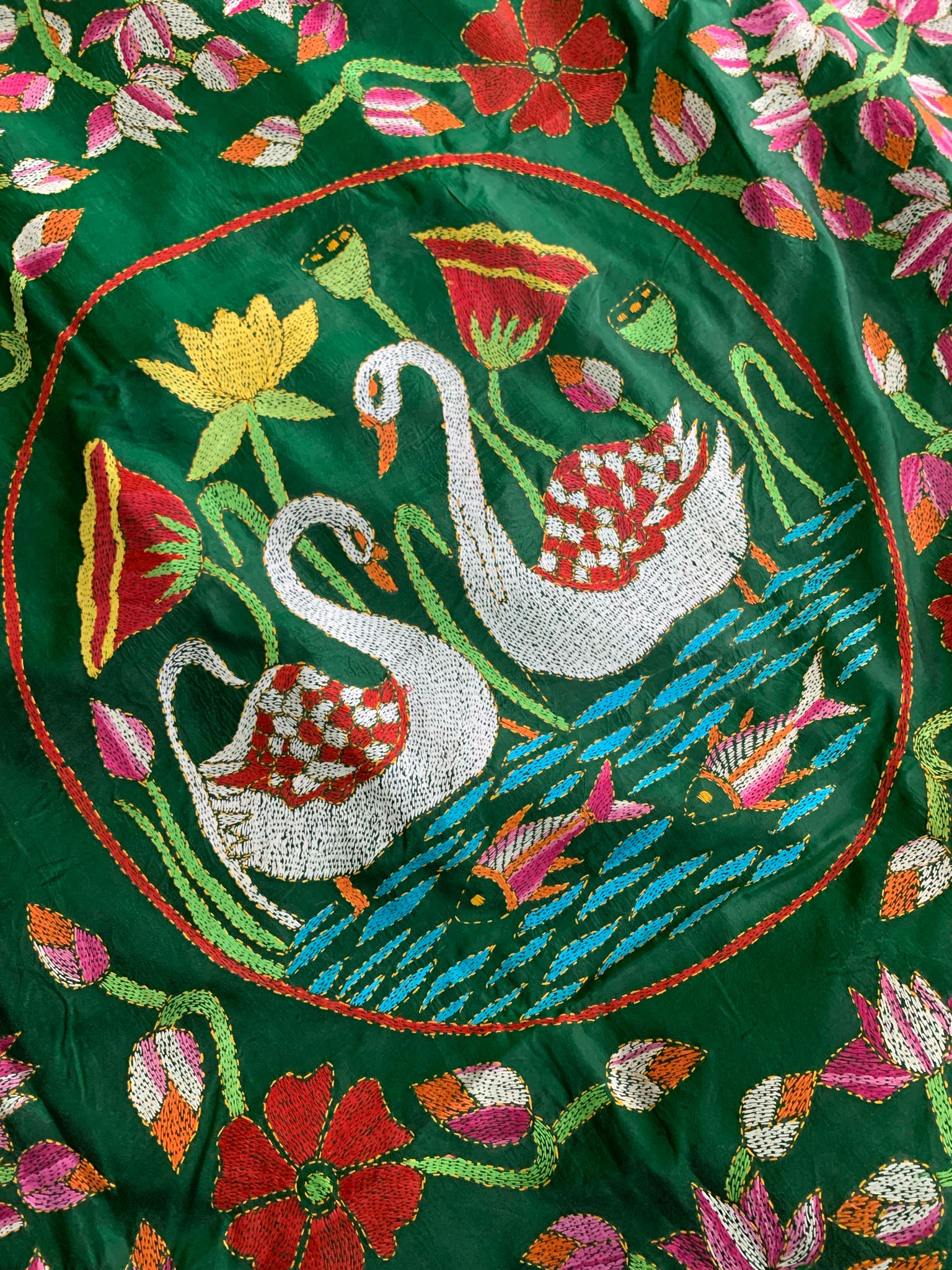 Emerald Green Kantha Hand Embroidery Silk Saree