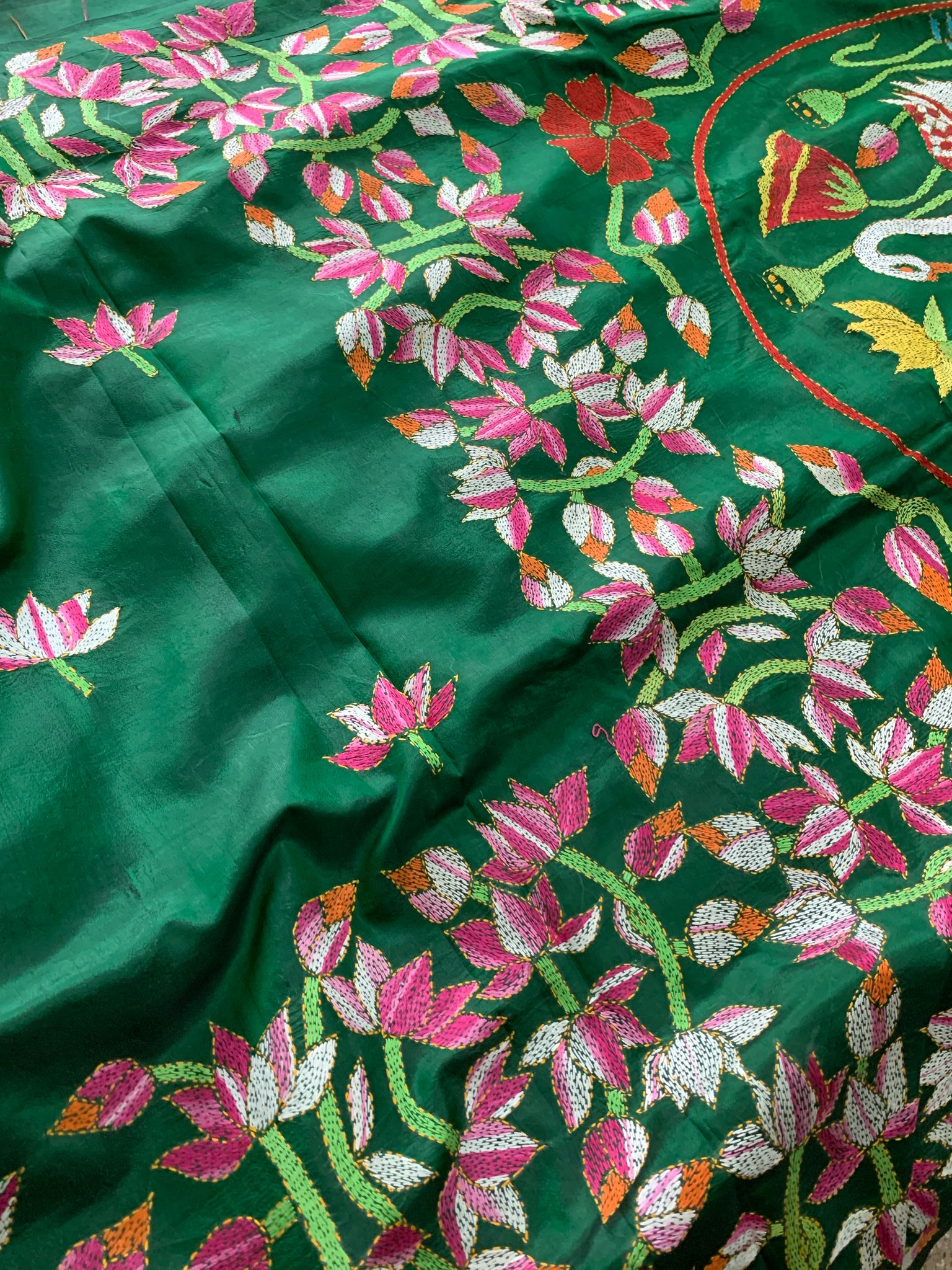 Emerald Green Kantha Hand Embroidery Silk Saree