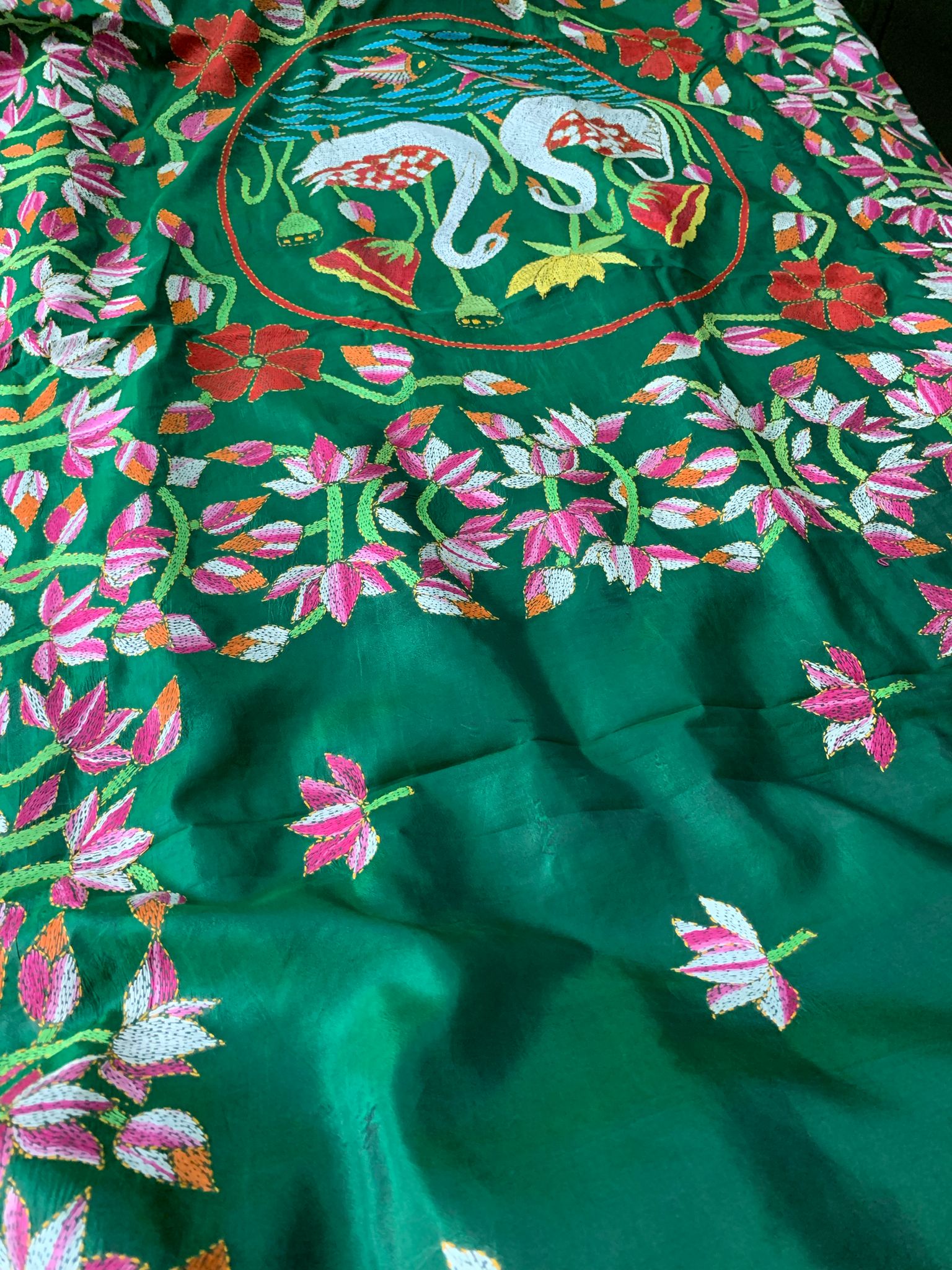 Emerald Green Kantha Hand Embroidery Silk Saree