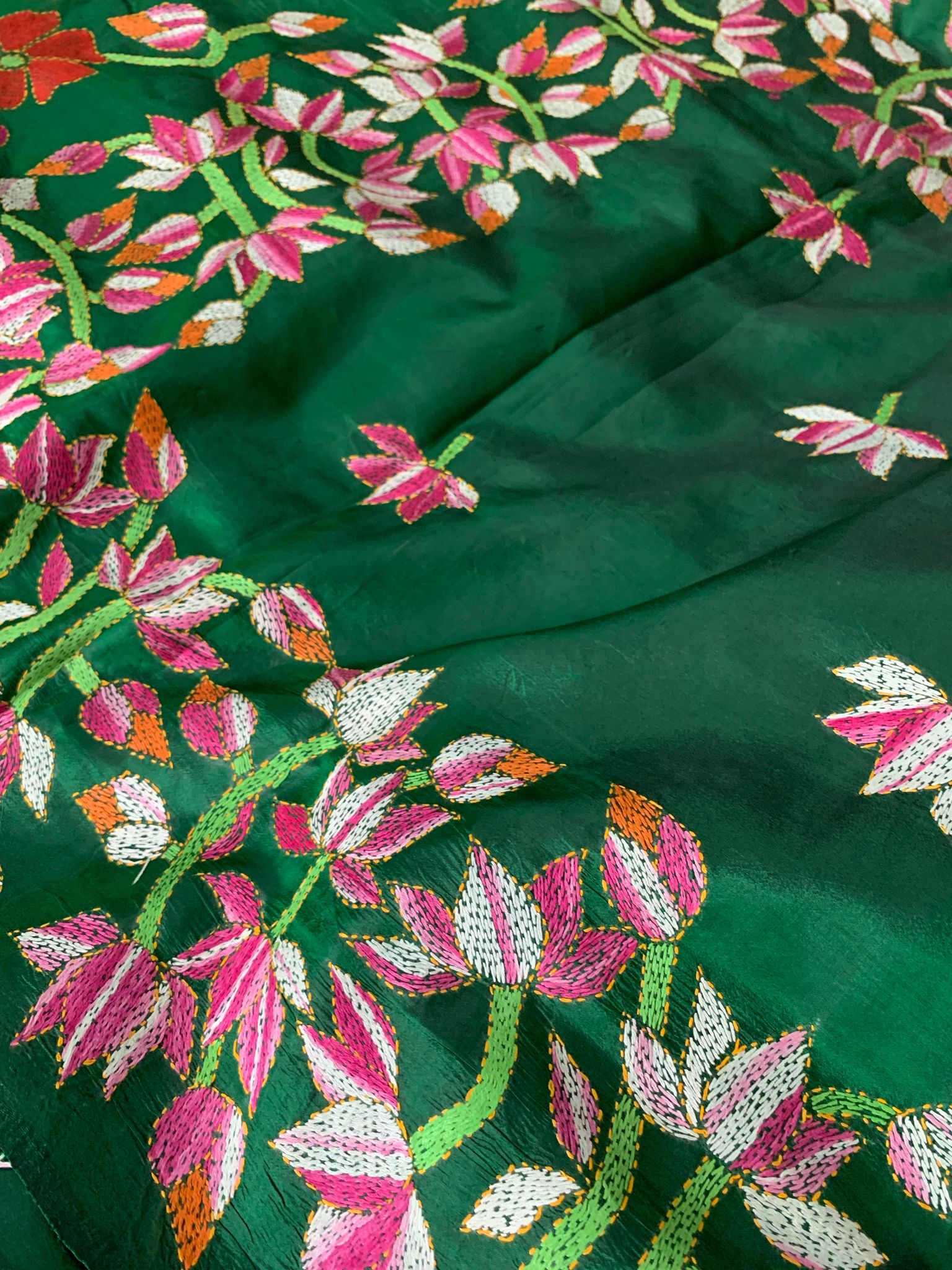 Emerald Green Kantha Hand Embroidery Silk Saree