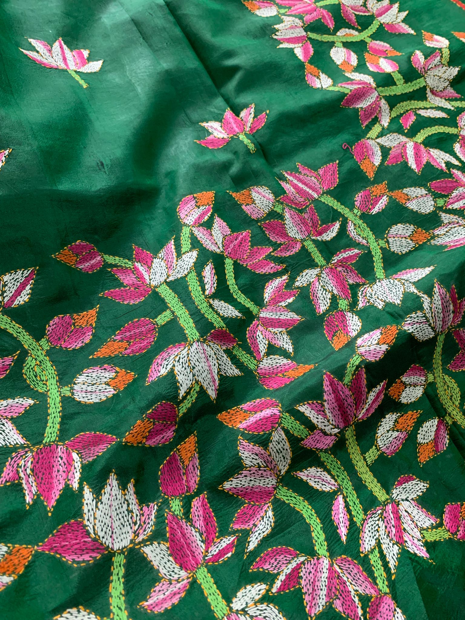Emerald Green Kantha Hand Embroidery Silk Saree