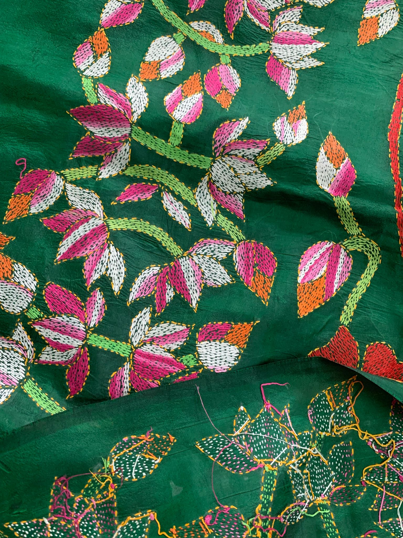 Emerald Green Kantha Hand Embroidery Silk Saree