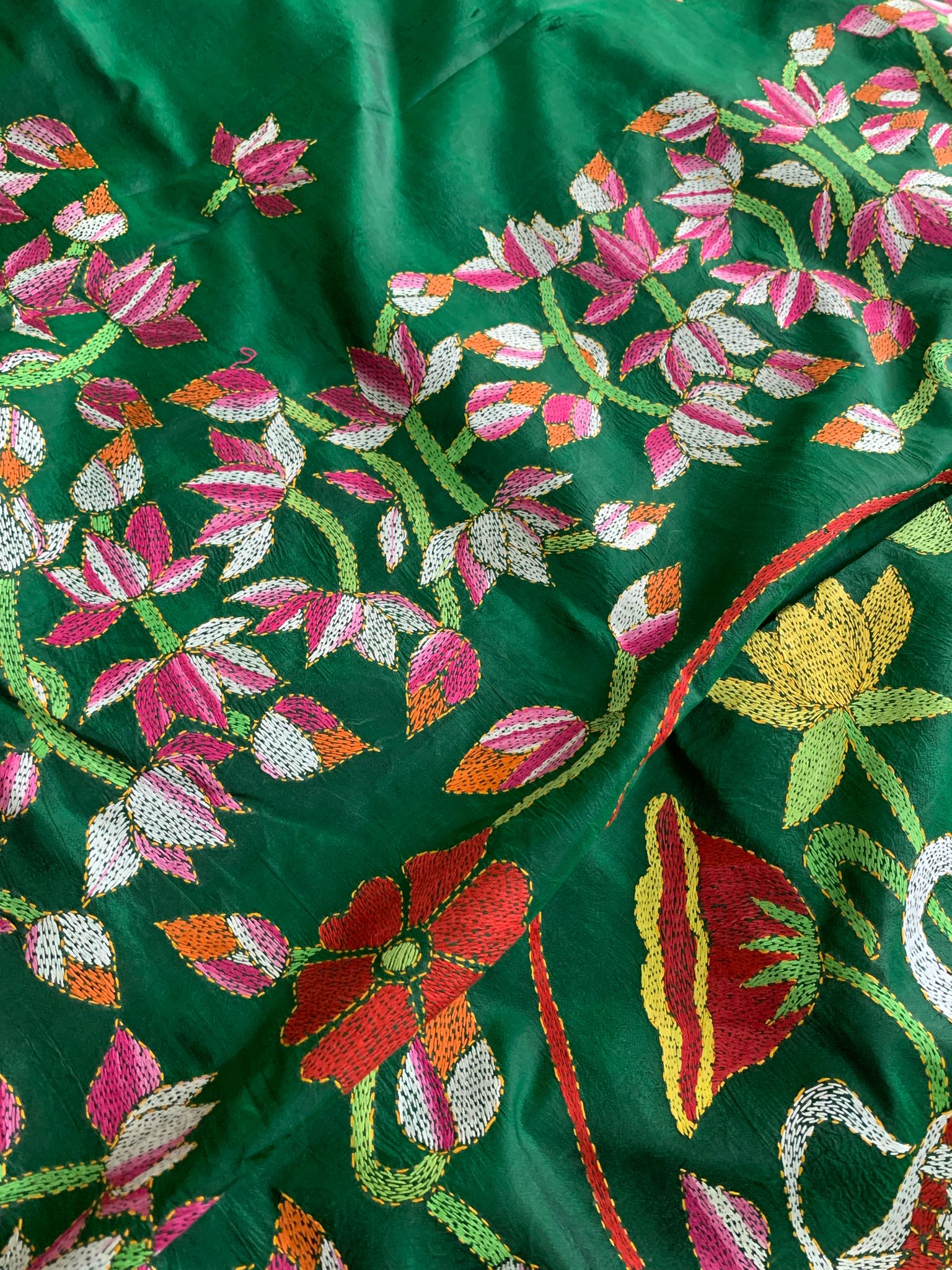 Emerald Green Kantha Hand Embroidery Silk Saree