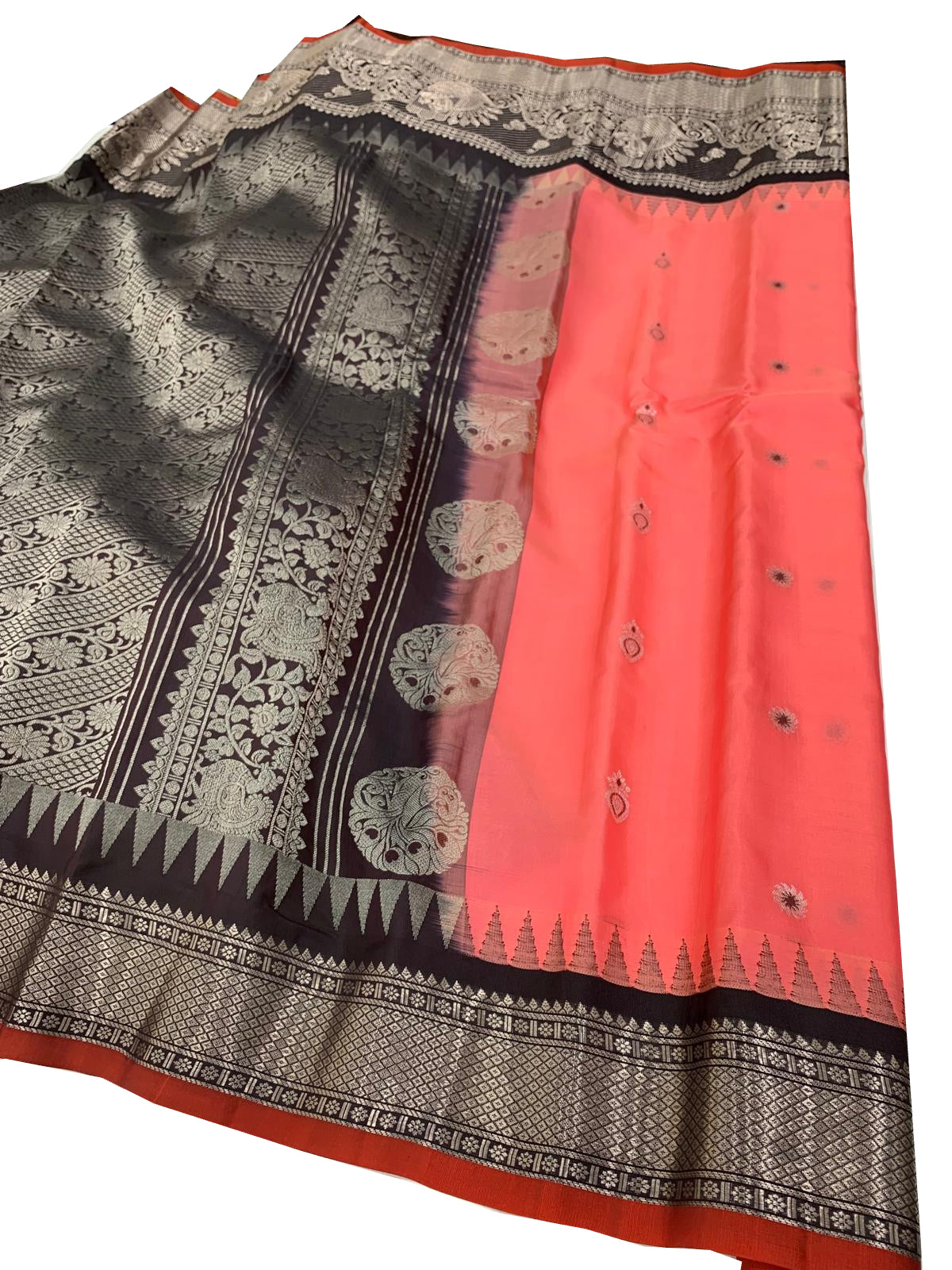 Peach Pink Gadwal Silk Saree with Silver Zari