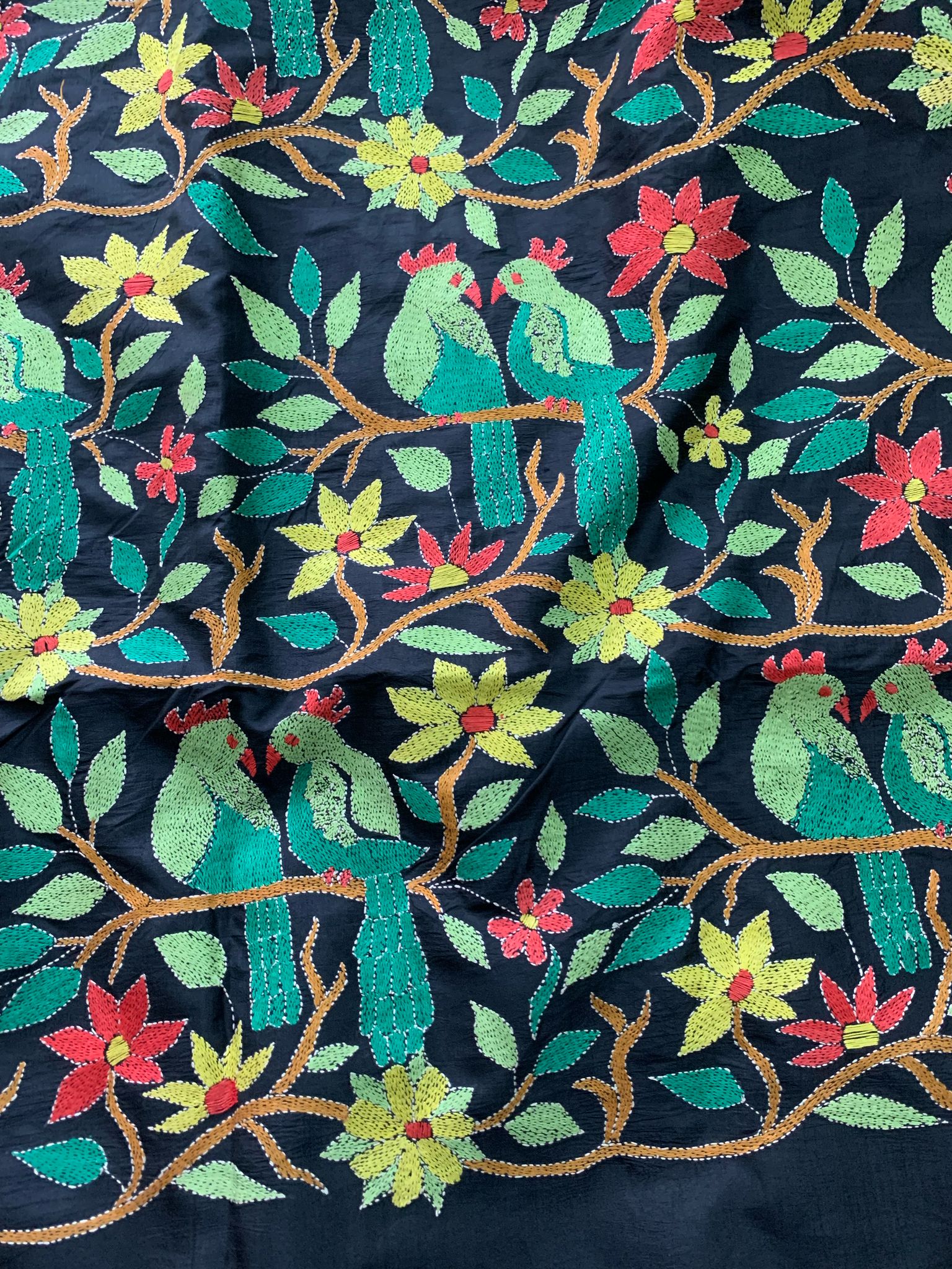 Cocktail Party Black Kantha Hand Embroidery Silk Saree