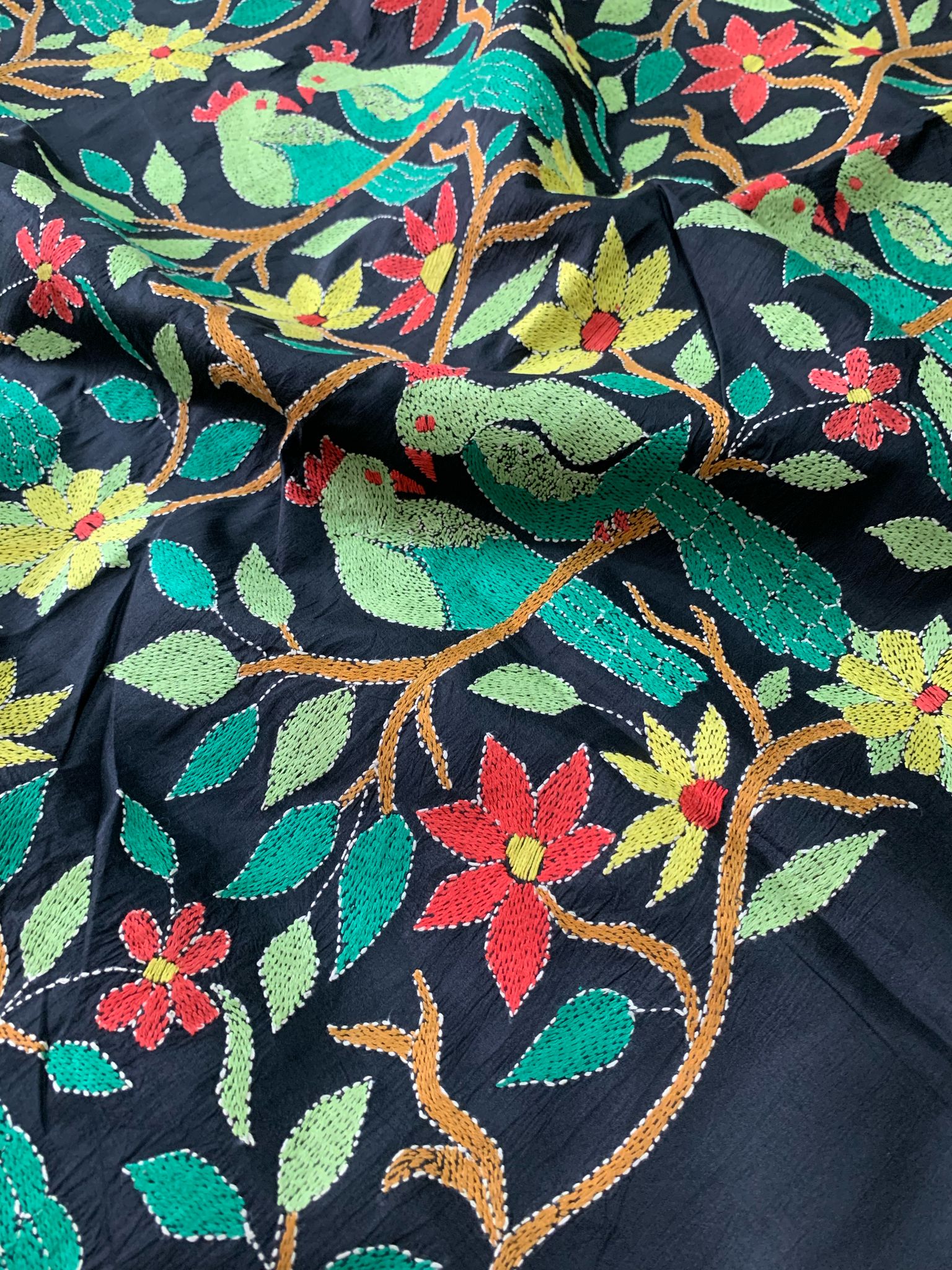 Cocktail Party Black Kantha Hand Embroidery Silk Saree