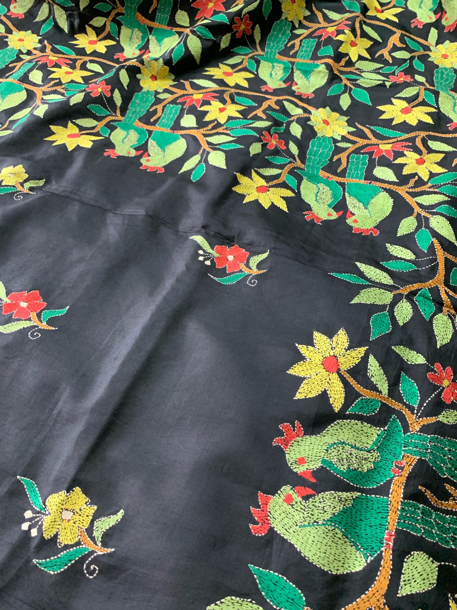 Cocktail Party Black Kantha Hand Embroidery Silk Saree