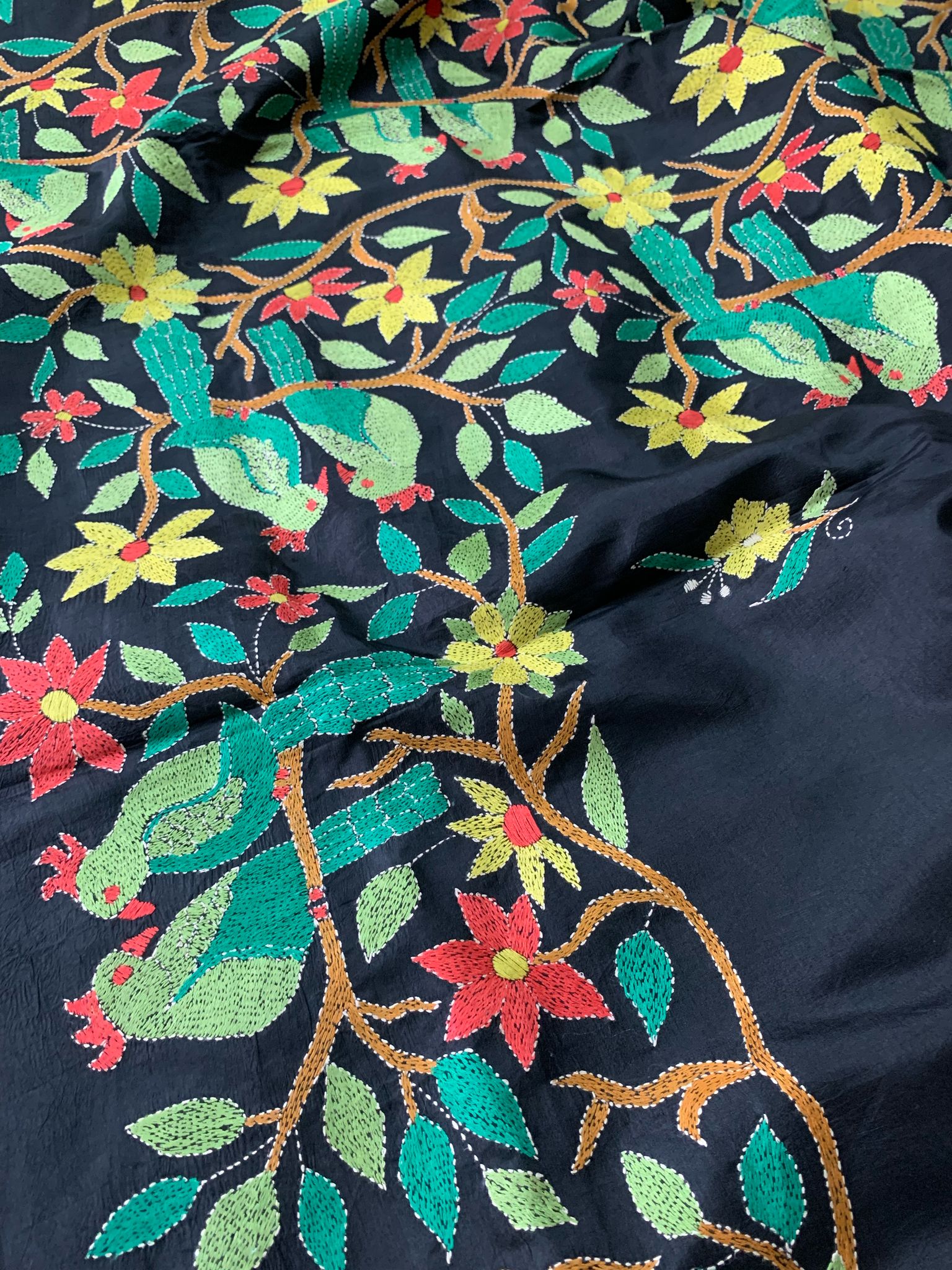 Cocktail Party Black Kantha Hand Embroidery Silk Saree