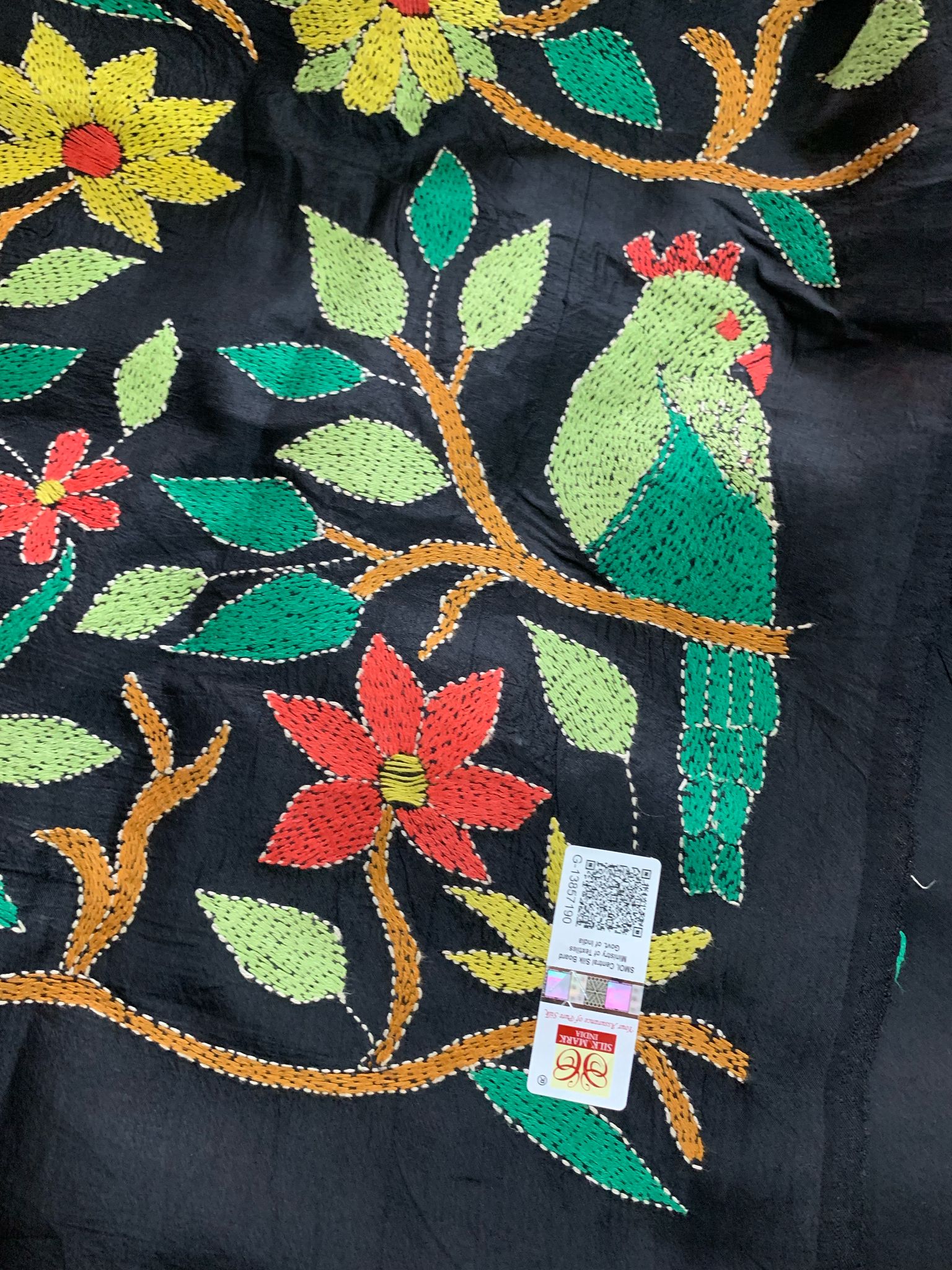 Cocktail Party Black Kantha Hand Embroidery Silk Saree