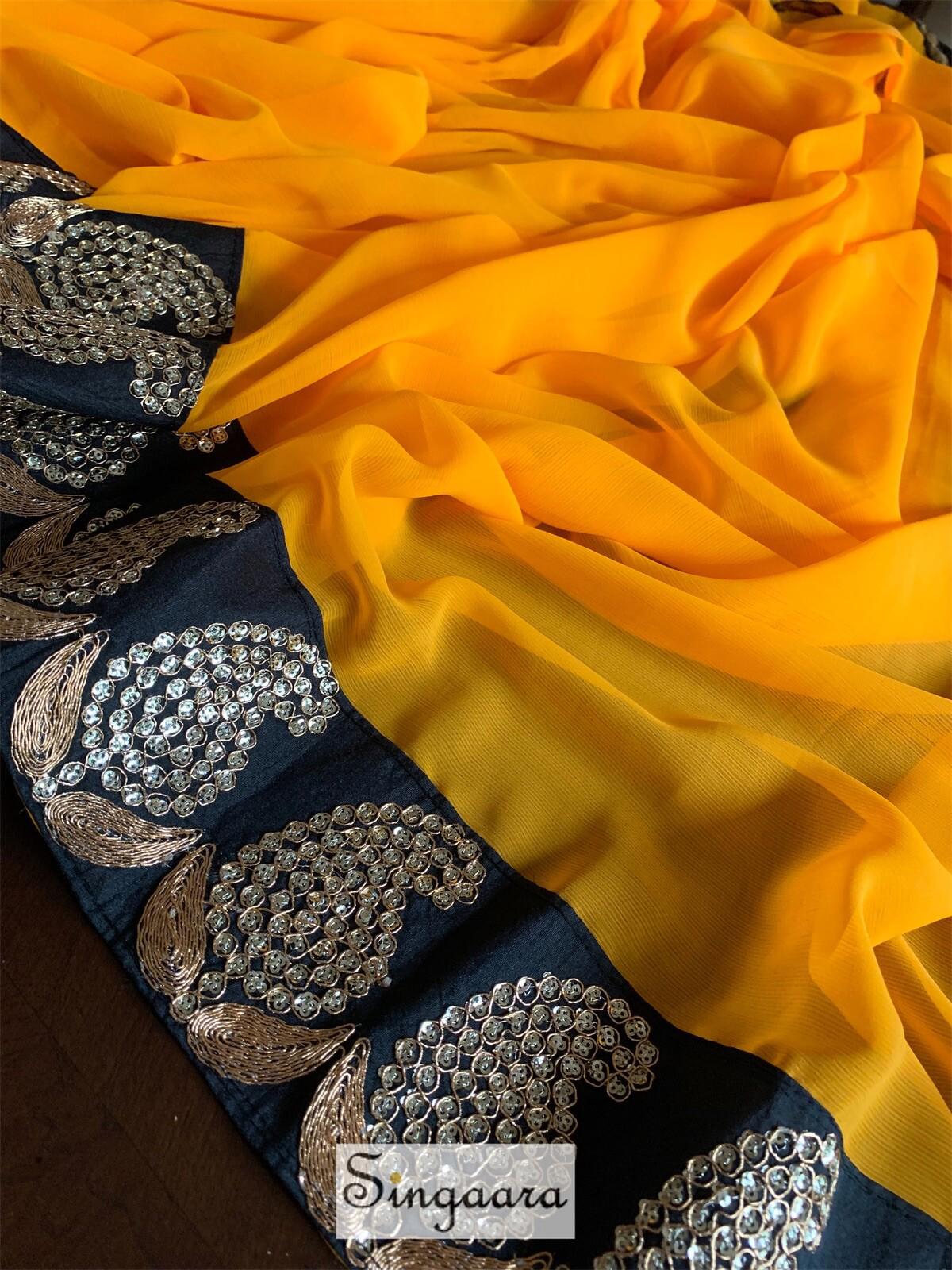 Mango Yellow Designer Faux Chiffon Saree With Blouse
