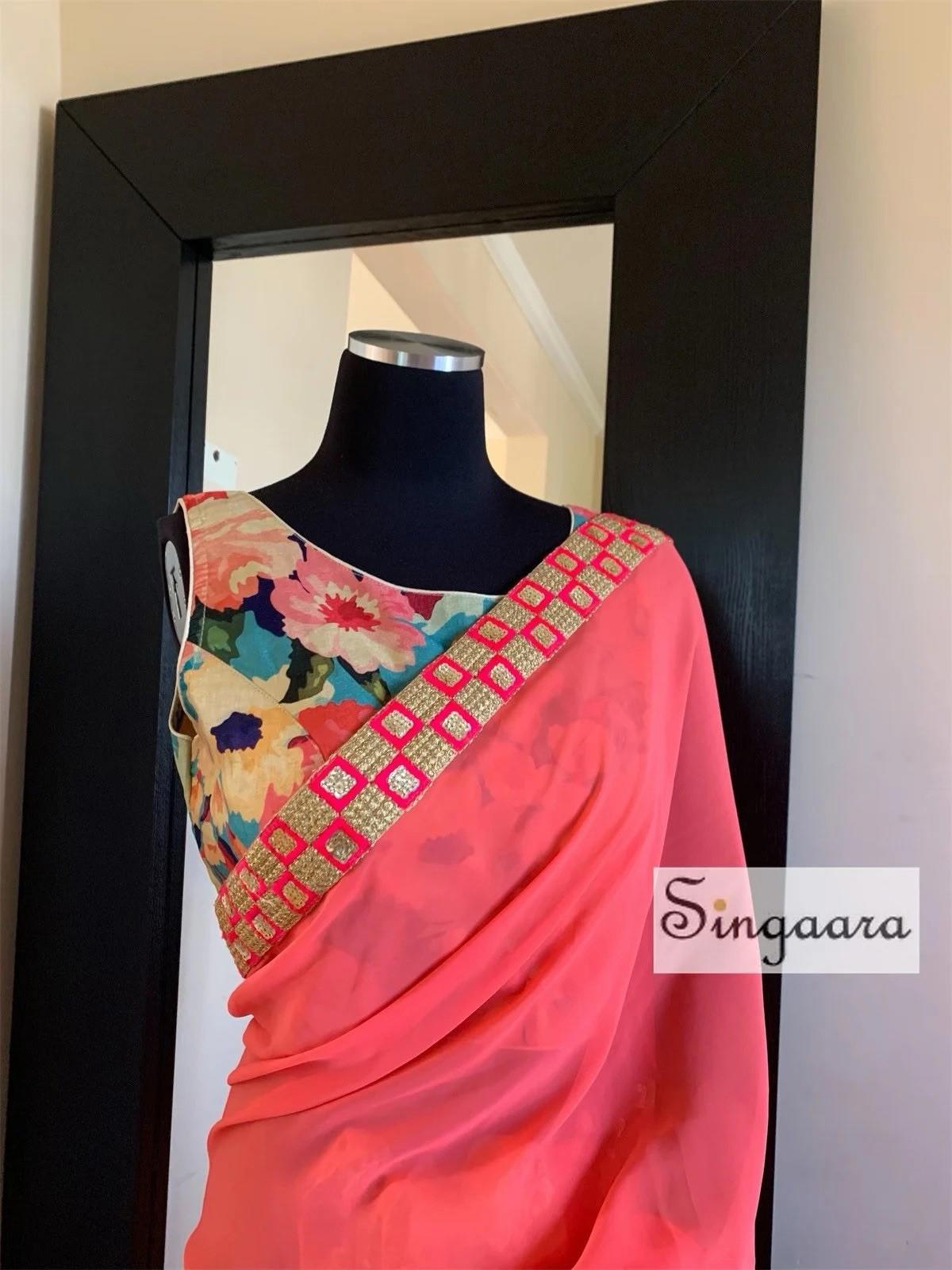 Candy Pink and Cream Designer Half And Half Faux Georgette Lace Saree