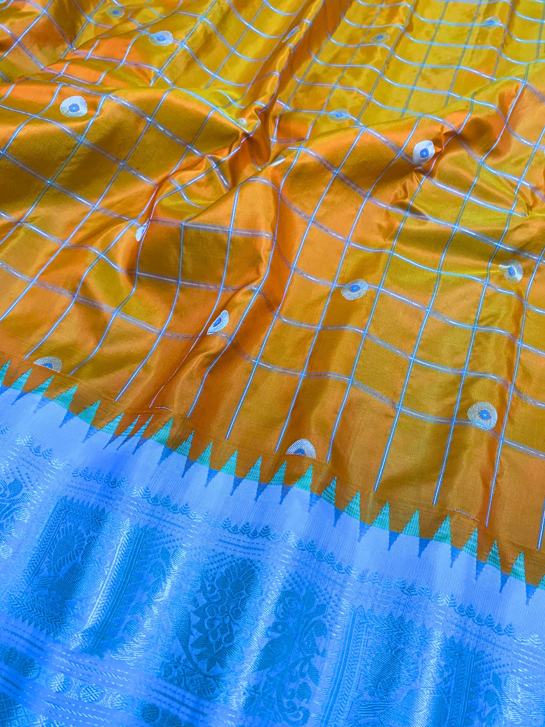 Orange and Cyan Gadwal Silk Saree with Silver Zari