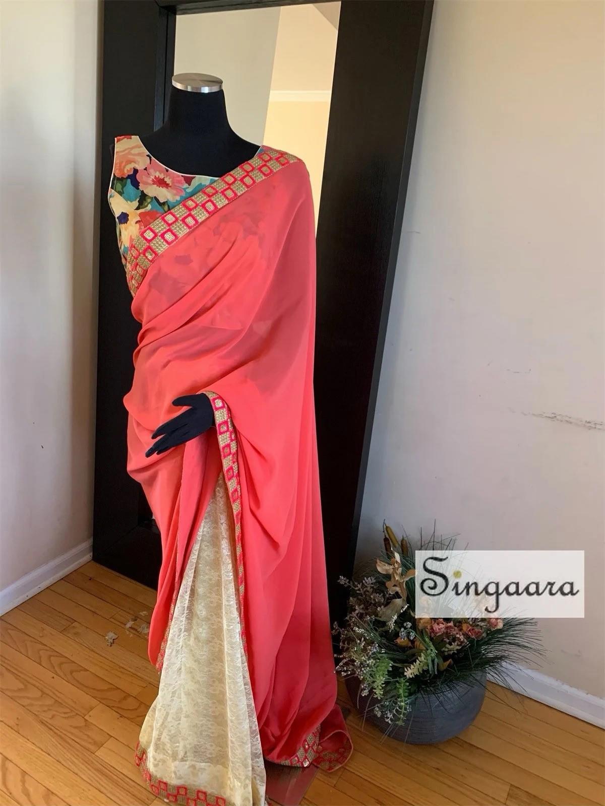 Candy Pink and Cream Designer Half And Half Faux Georgette Lace Saree