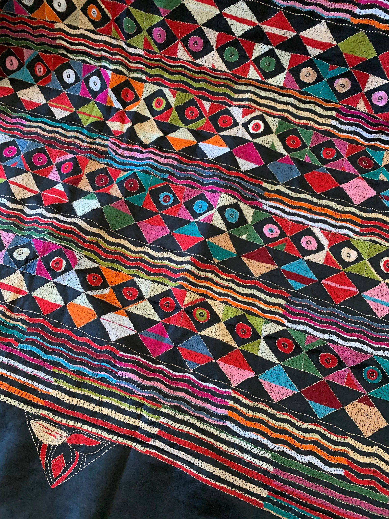 Black Kantha Hand Embroidery Silk Saree