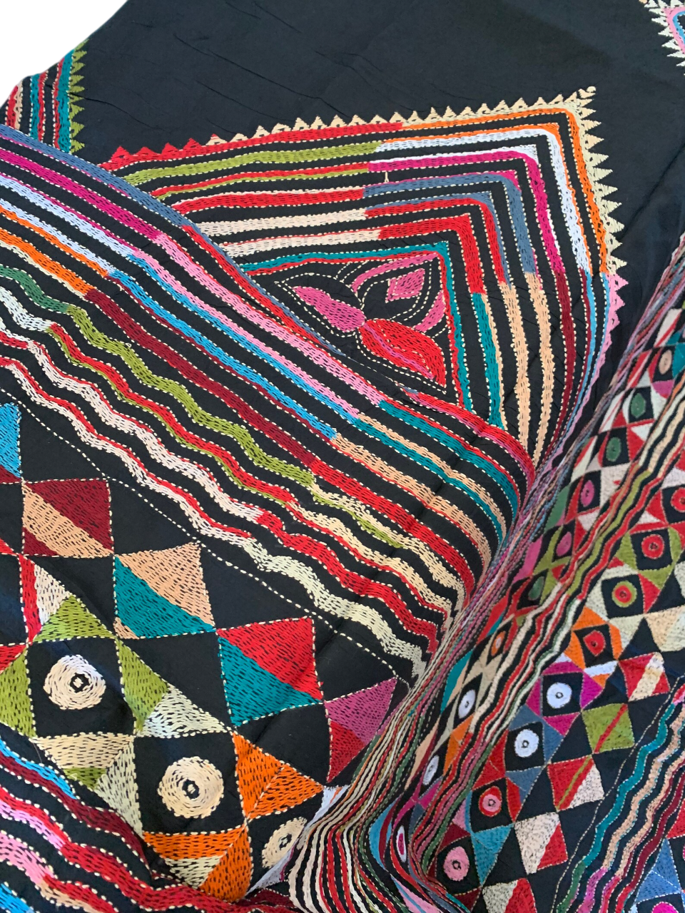 Black Kantha Hand Embroidery Silk Saree