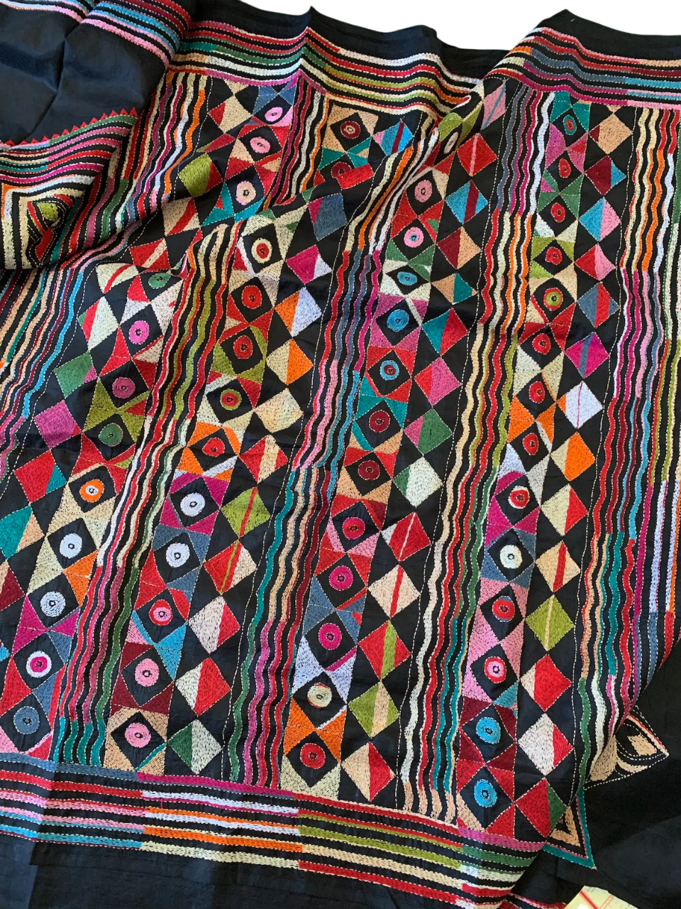 Black Kantha Hand Embroidery Silk Saree