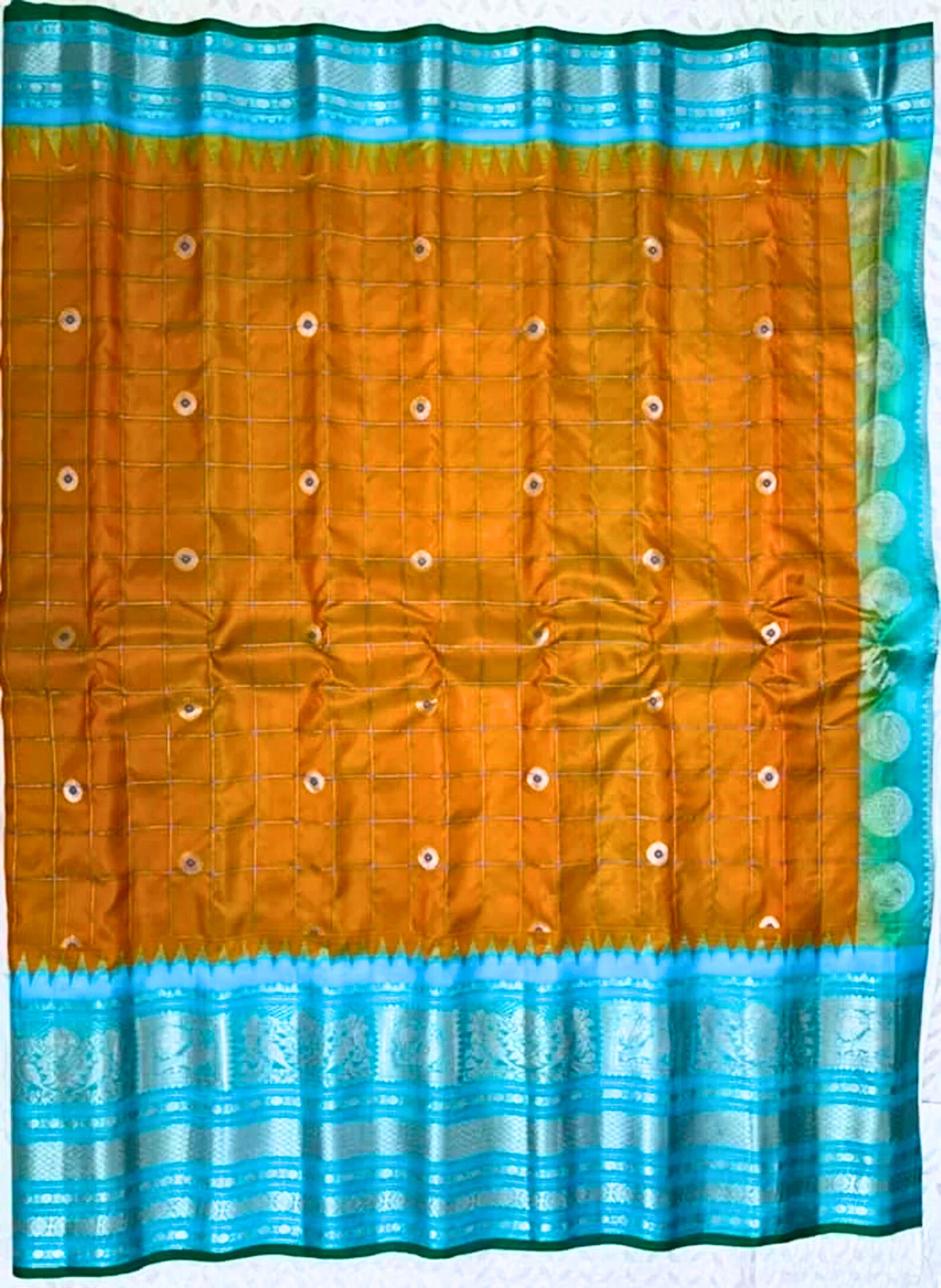 Orange and Cyan Gadwal Silk Saree with Silver Zari