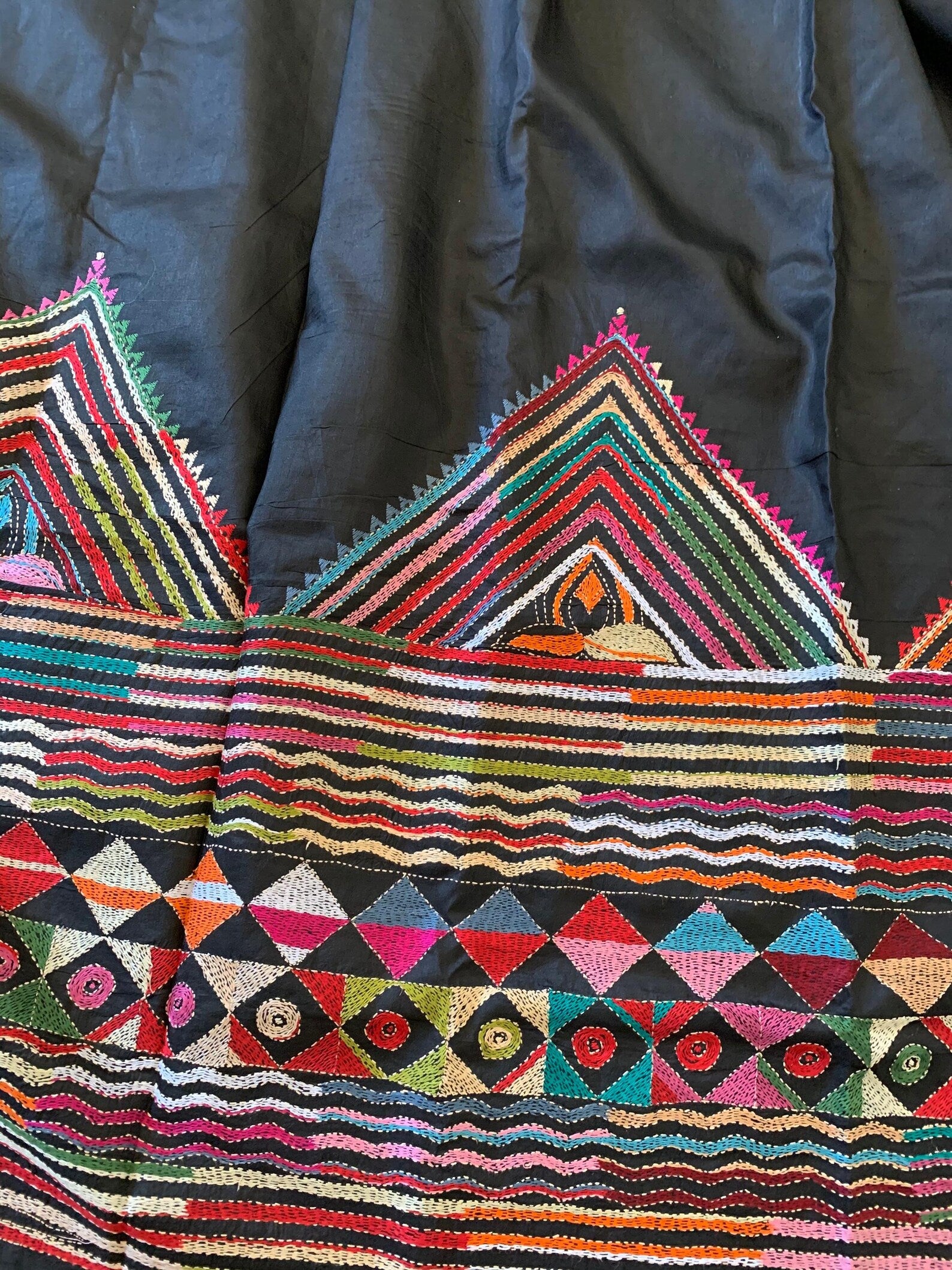 Black Kantha Hand Embroidery Silk Saree